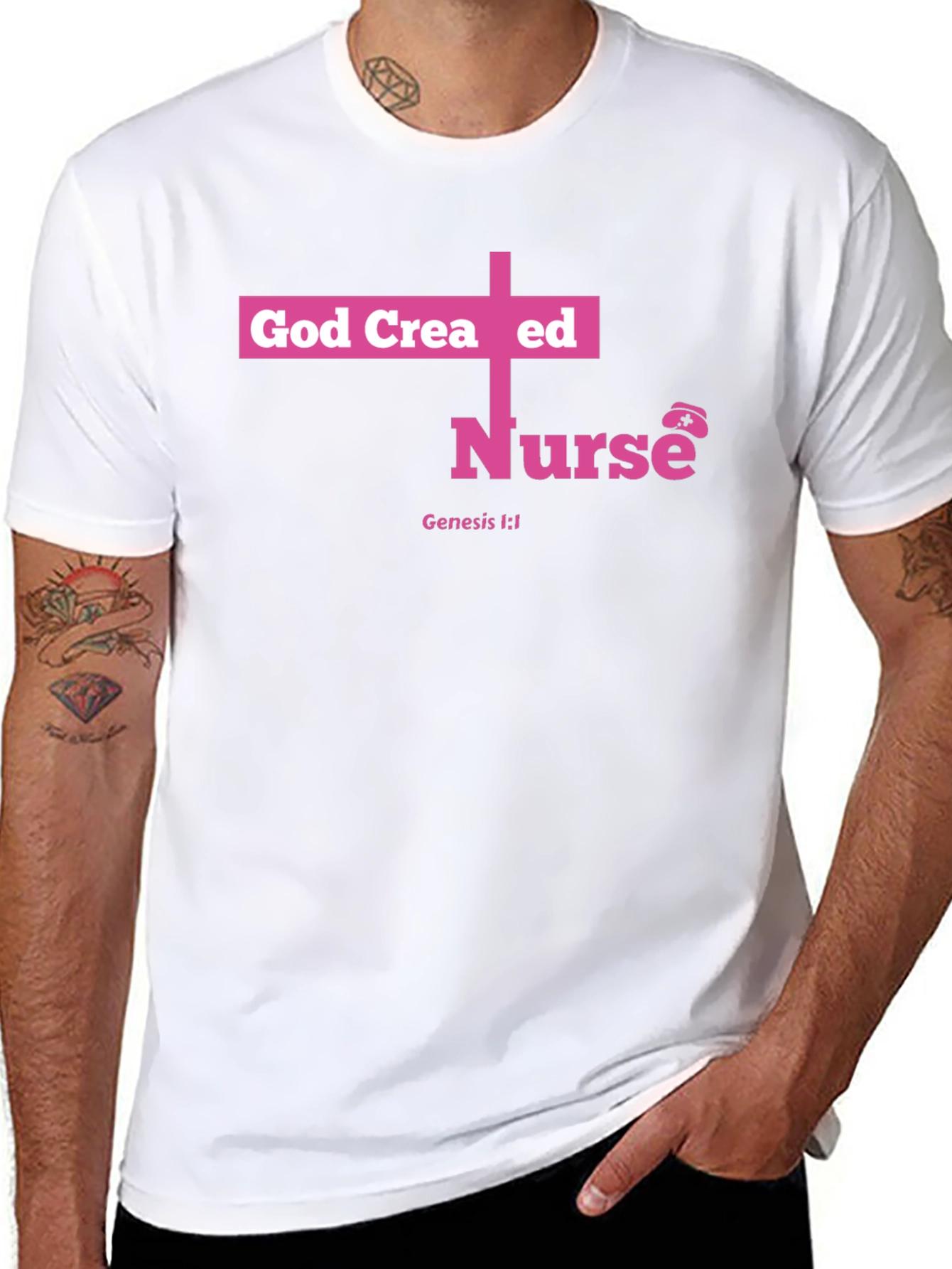 God Created Nurse T-Shirt - Pink Cross Design
