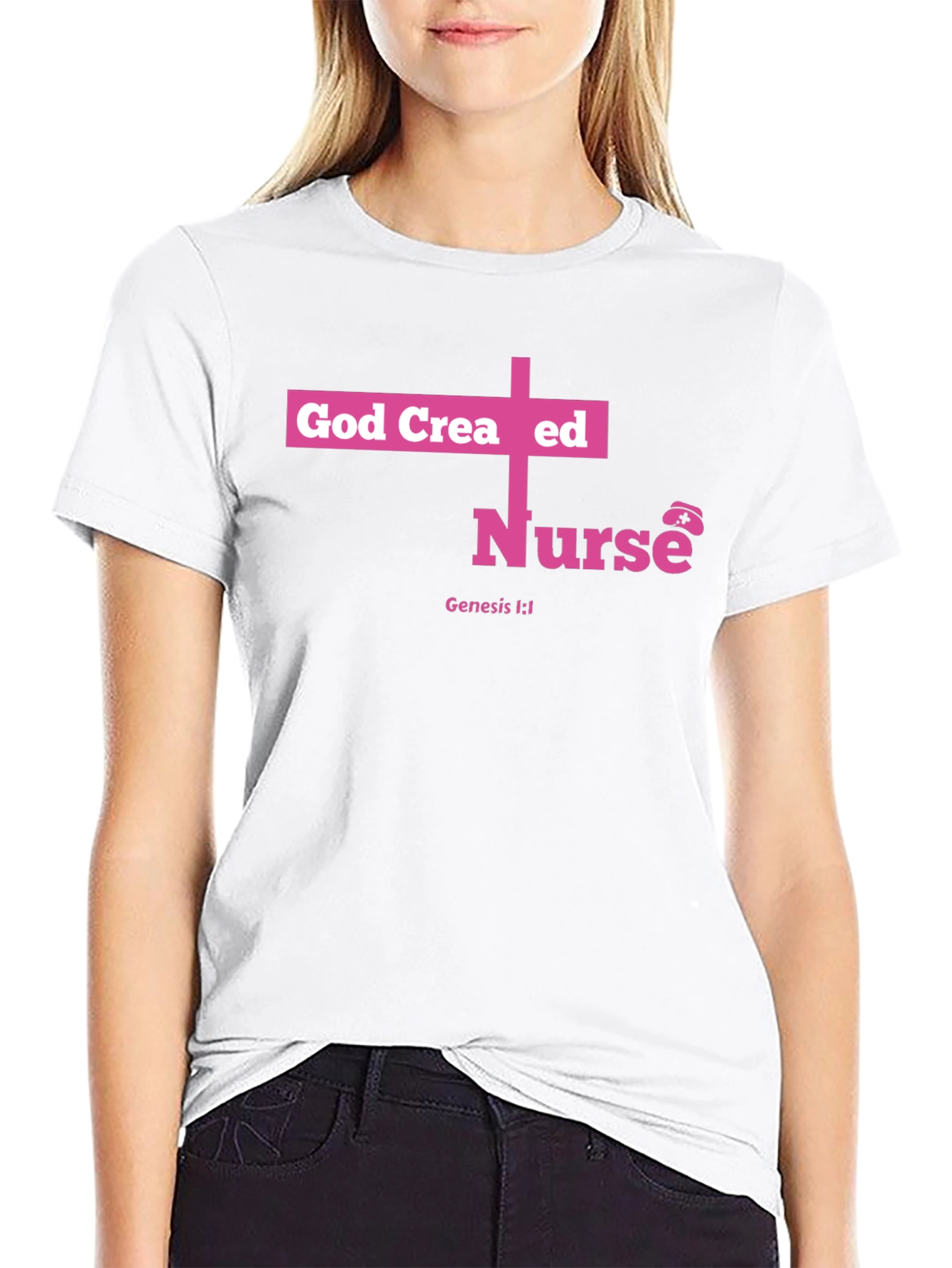 God Created Nurse T-Shirt - Pink Cross Design