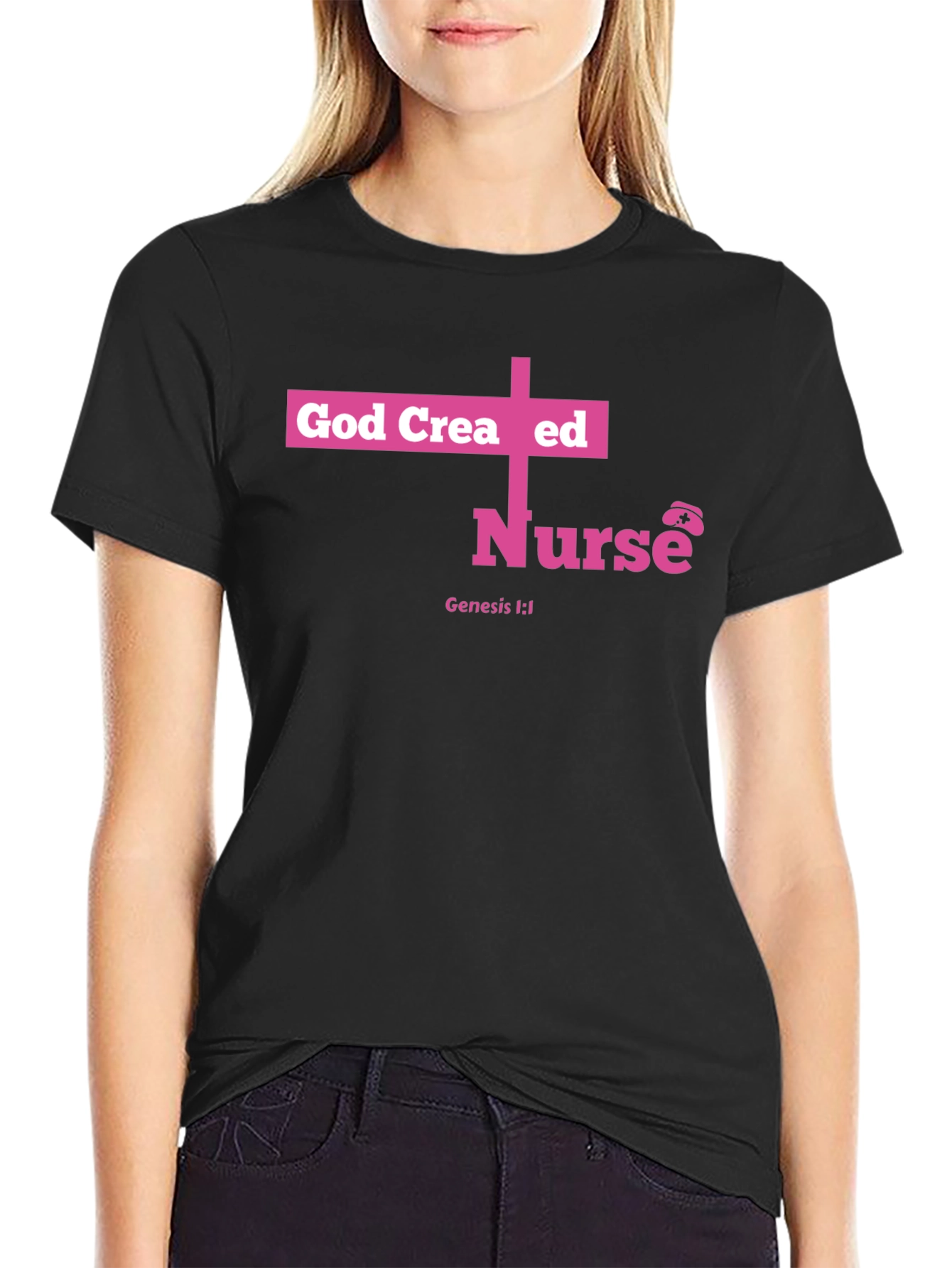 God Created Nurse T-Shirt - Pink Cross Design