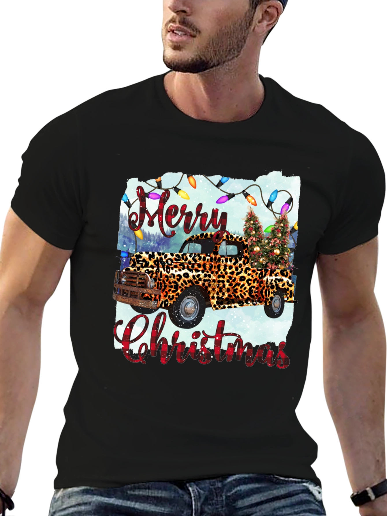Merry Christmas Leopard Print Truck Graphic Tee