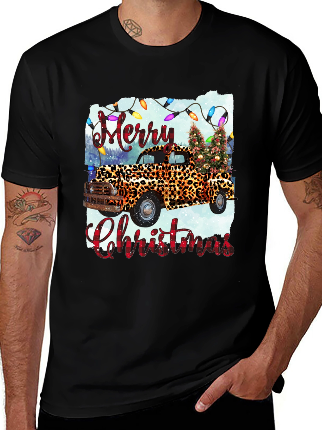 Merry Christmas Leopard Print Truck Graphic Tee