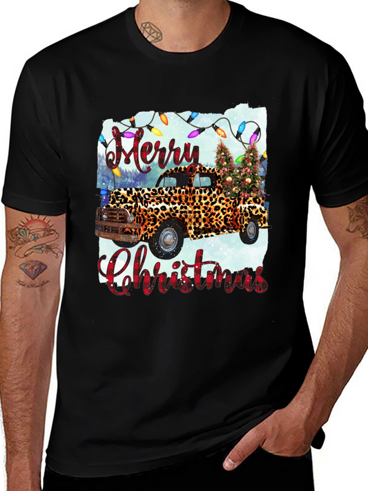 Merry Christmas Leopard Print Truck Graphic Tee