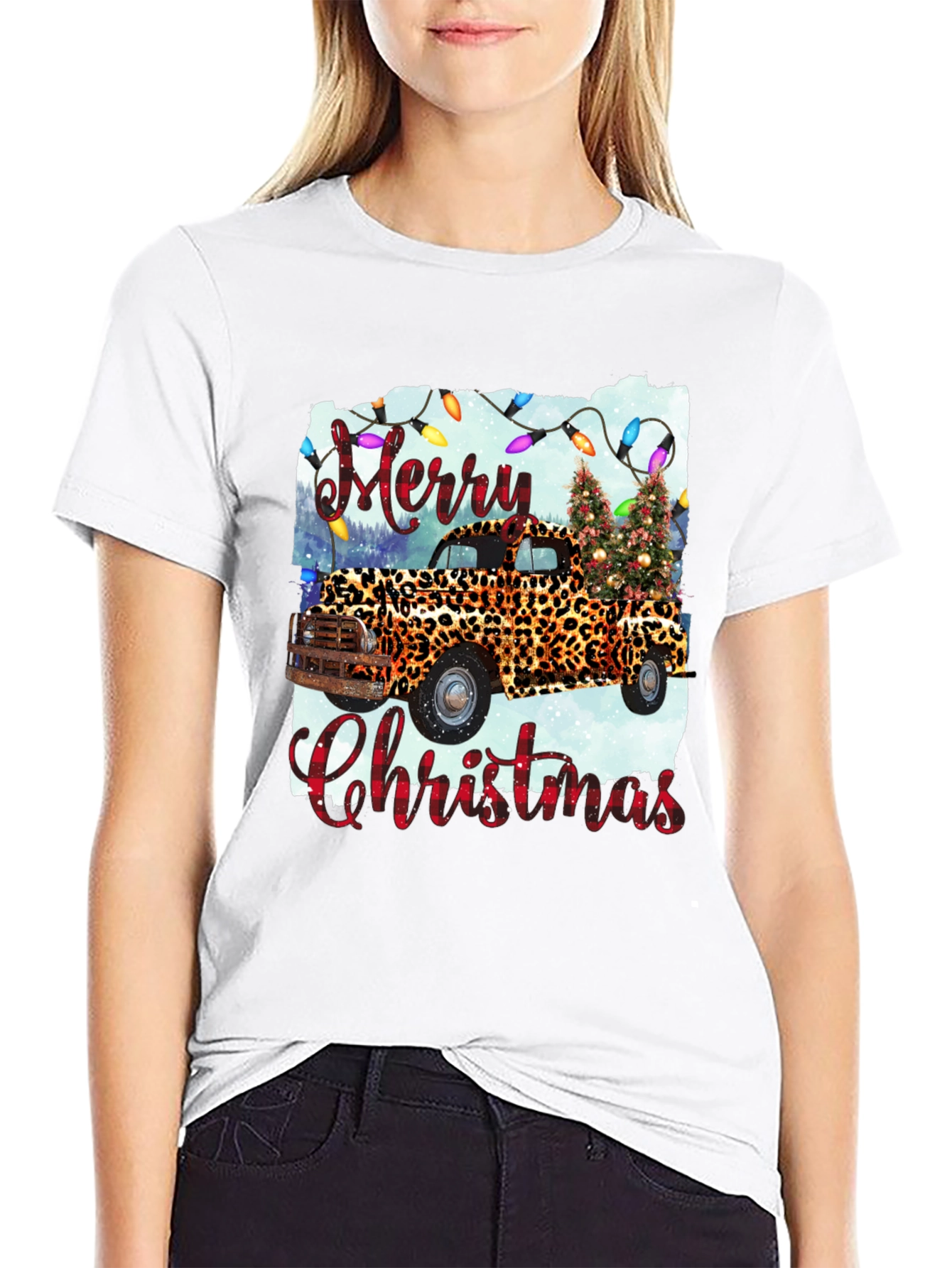 Merry Christmas Leopard Print Truck Graphic Tee
