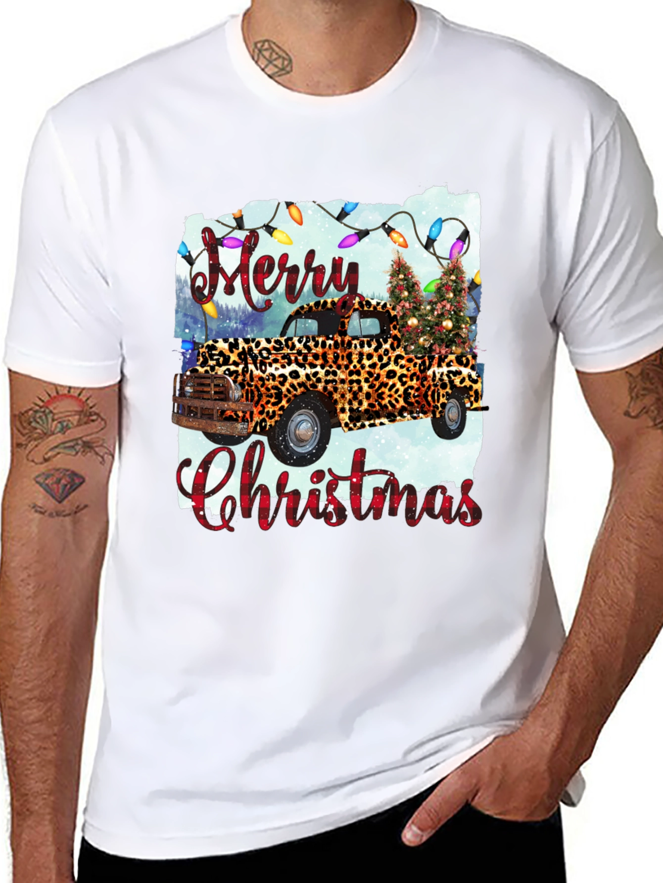 Merry Christmas Leopard Print Truck Graphic Tee