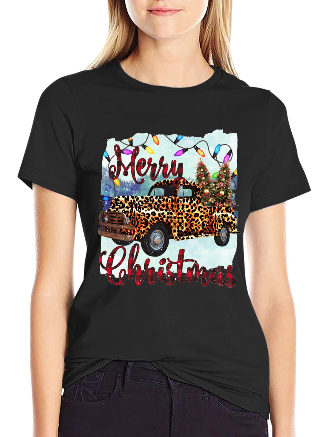 Merry Christmas Leopard Print Truck Graphic Tee