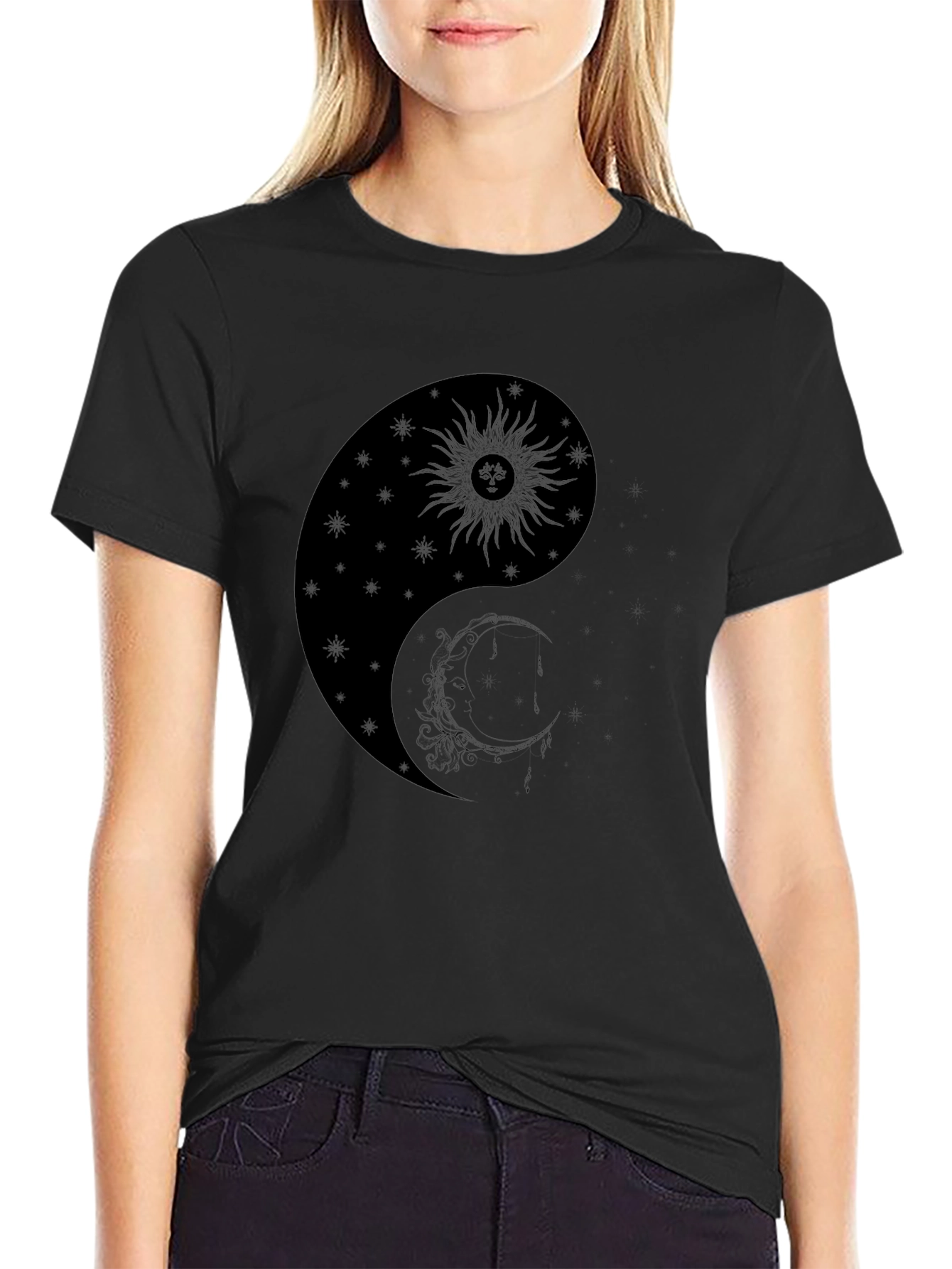 Yin Yang Sun & Moon Graphic T-Shirt - Black
