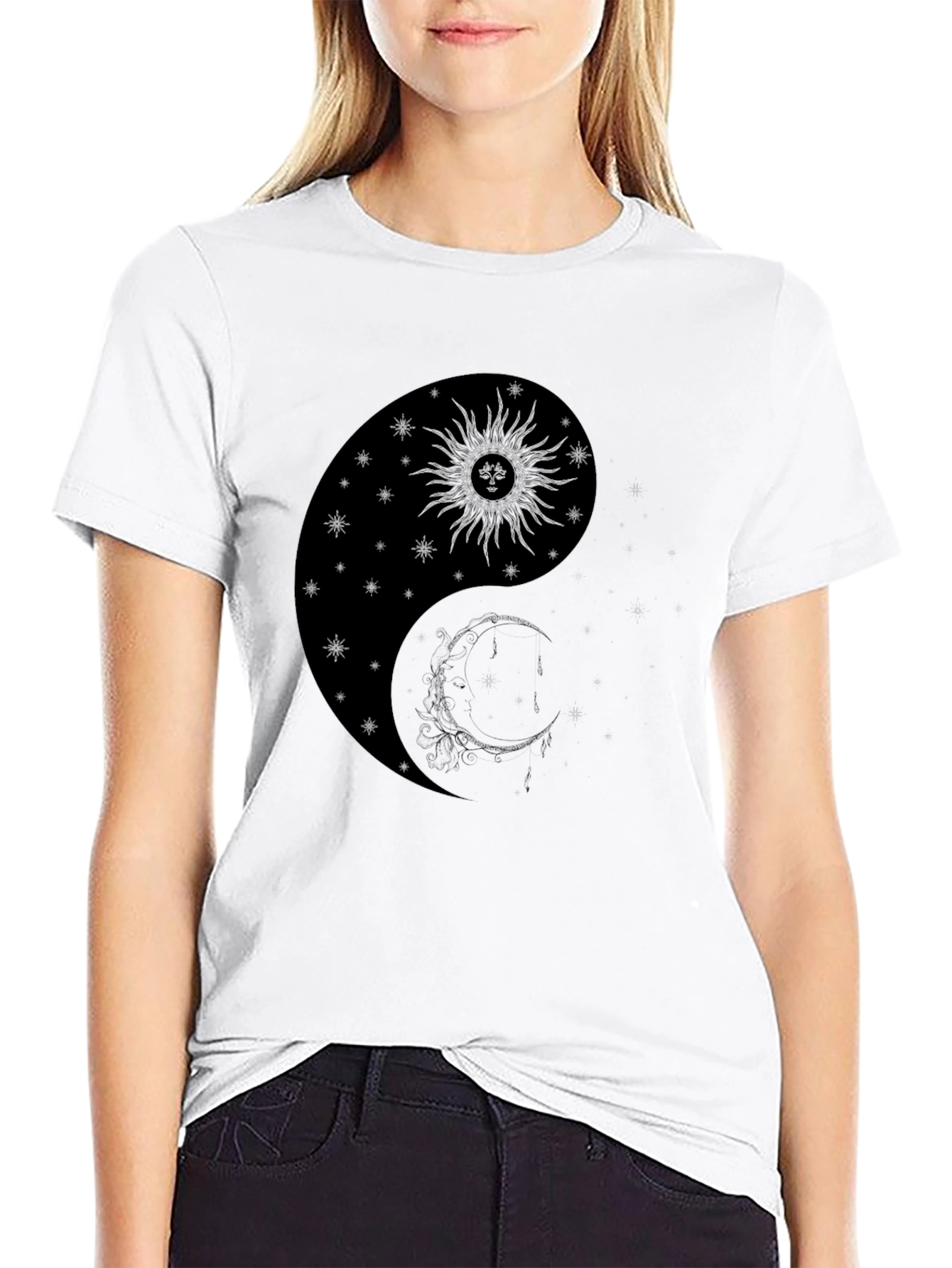 Yin Yang Sun & Moon Graphic T-Shirt - Black