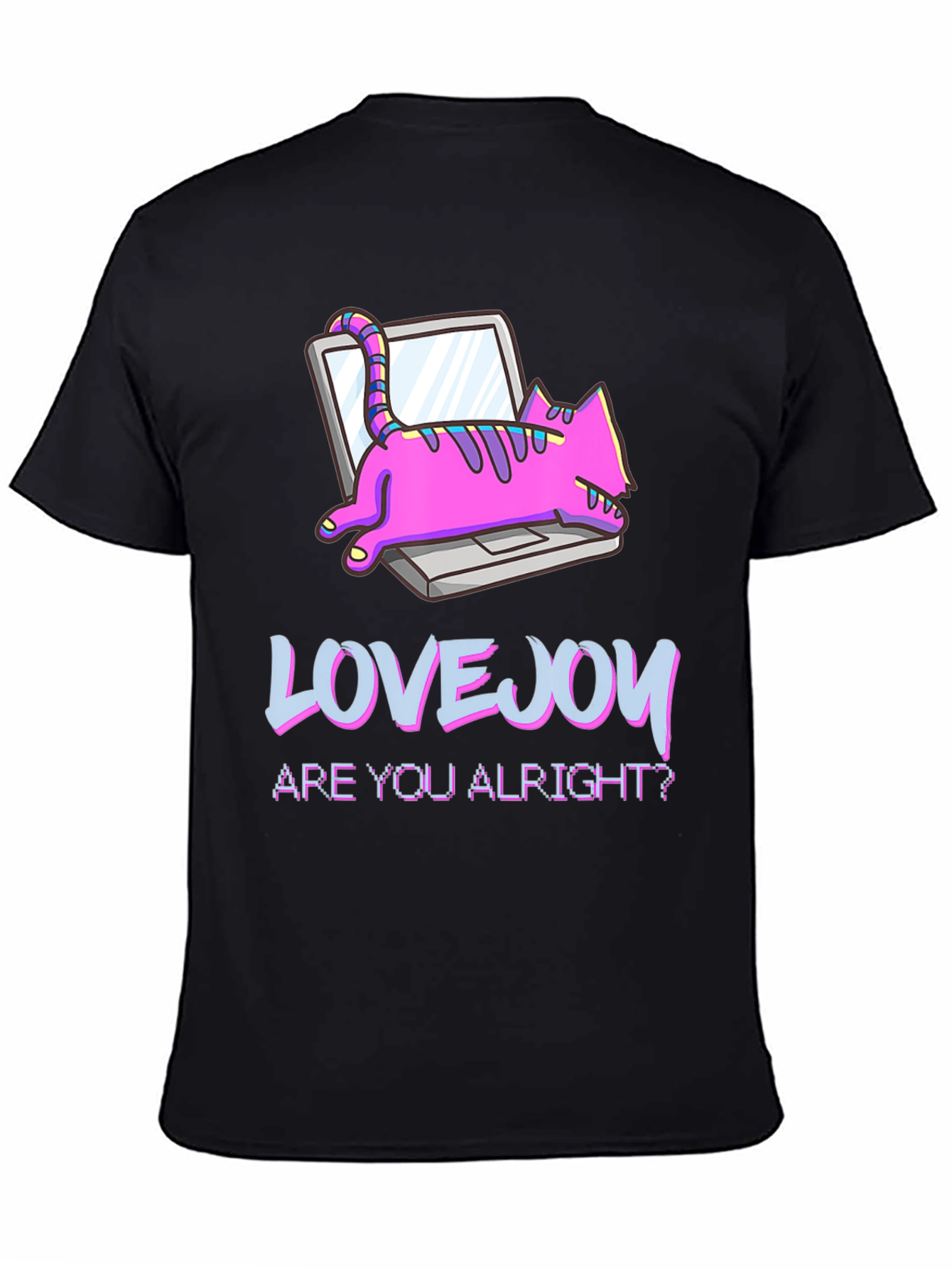 Lovejoy Cat on Laptop Black Graphic Tee