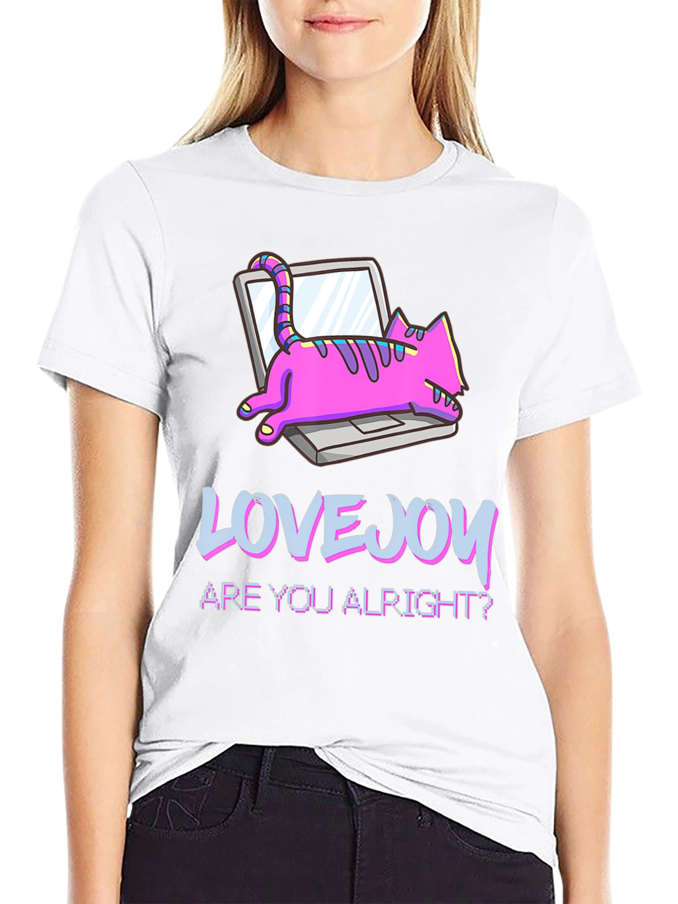 Lovejoy Cat on Laptop Black Graphic Tee