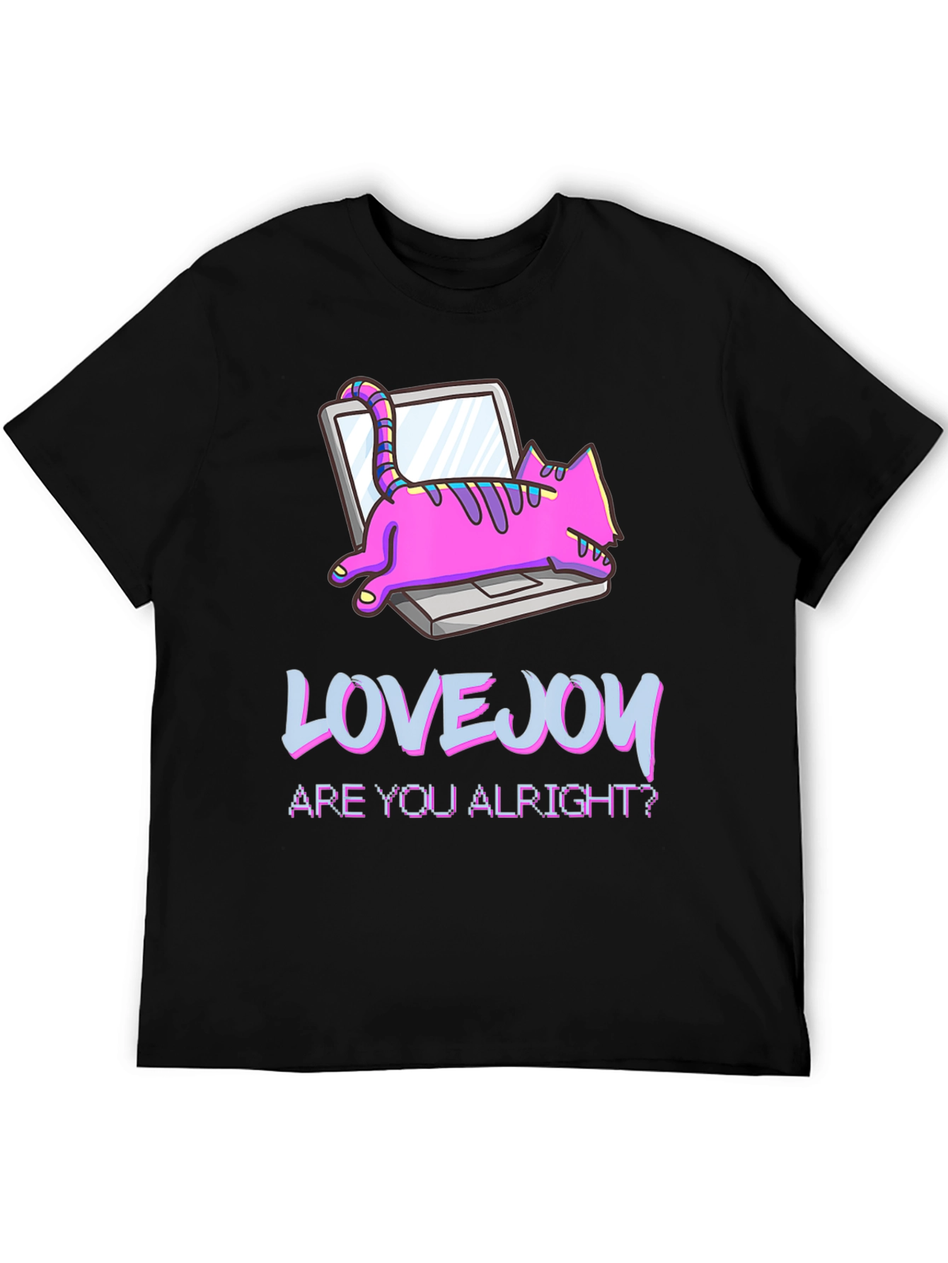 Lovejoy Cat on Laptop Black Graphic Tee