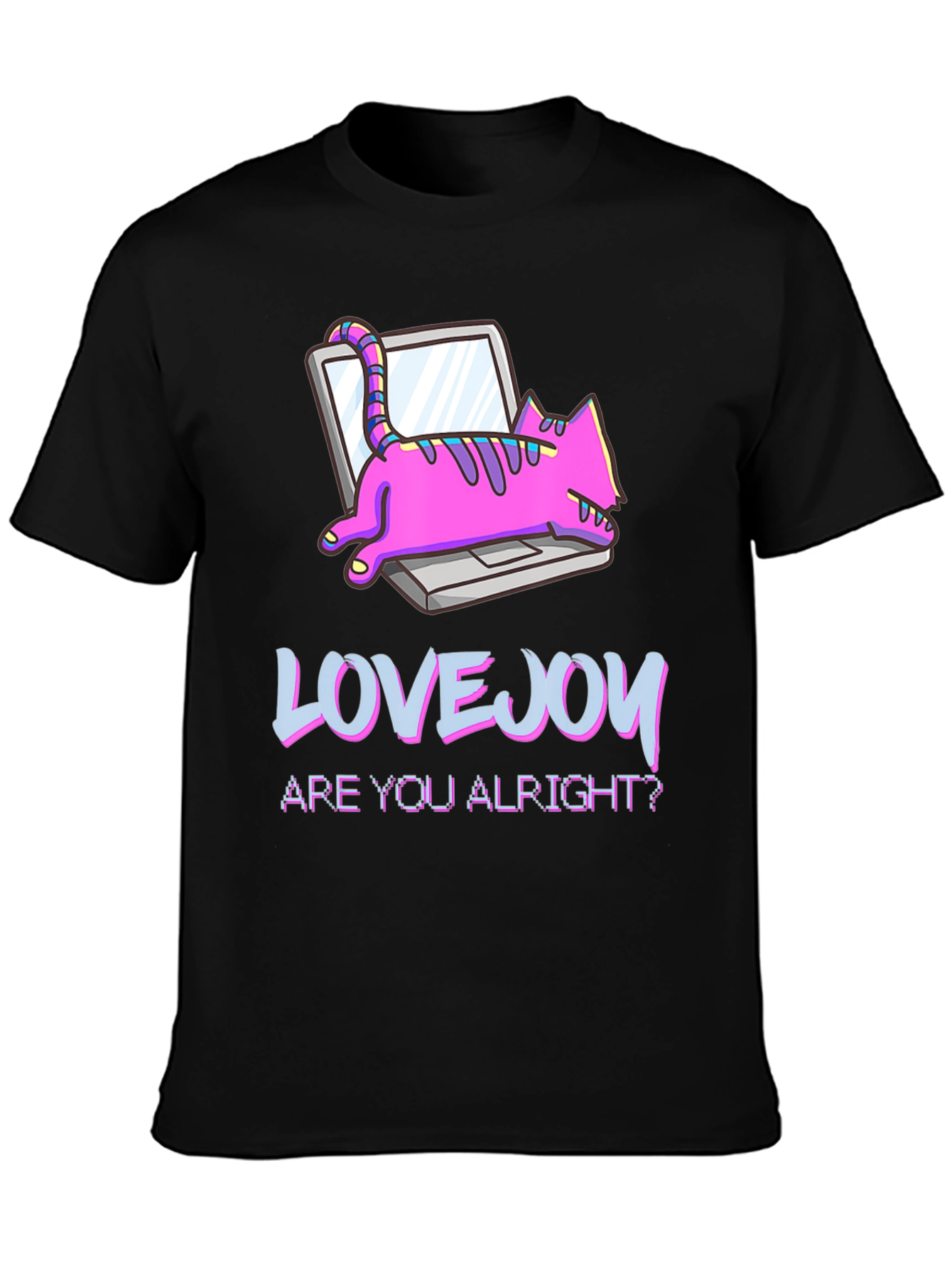 Lovejoy Cat on Laptop Black Graphic Tee