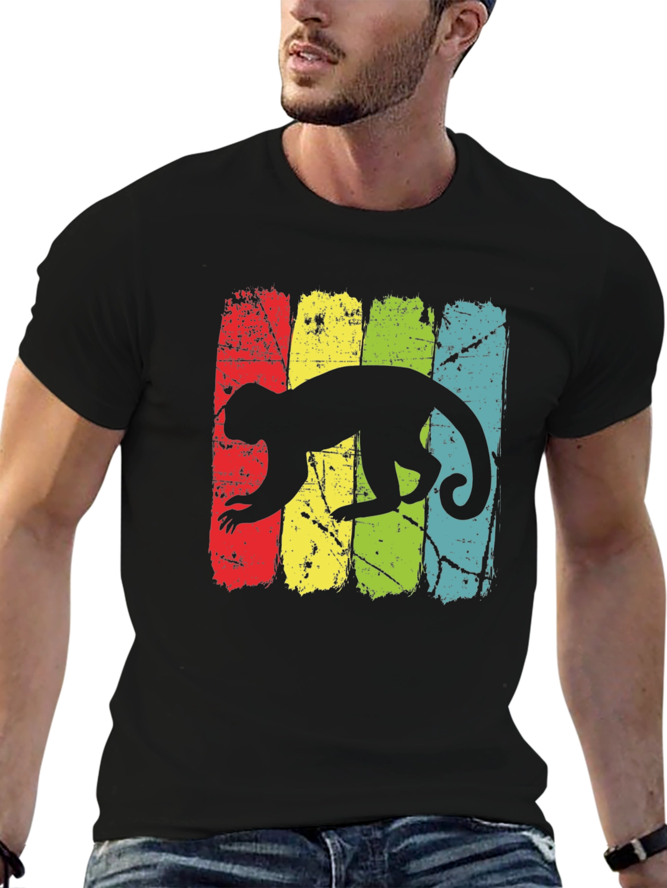 Retro Monkey Graphic Tee - Black Cotton T-Shirt