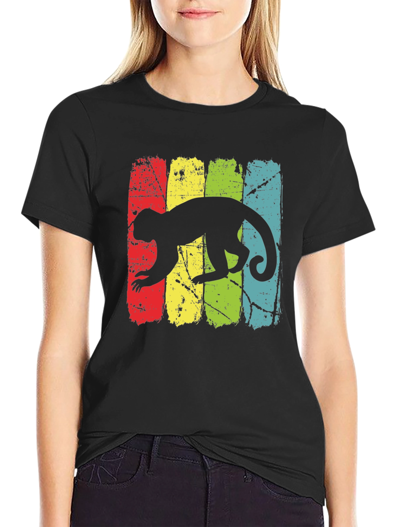 Retro Monkey Graphic Tee - Black Cotton T-Shirt