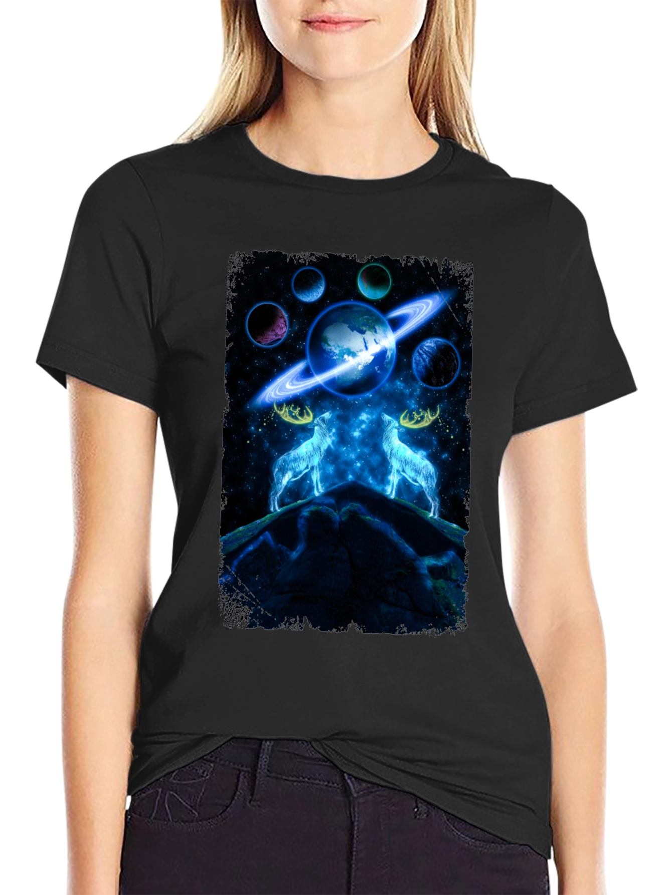 Cosmic Wolves Graphic Tee - Black Cotton