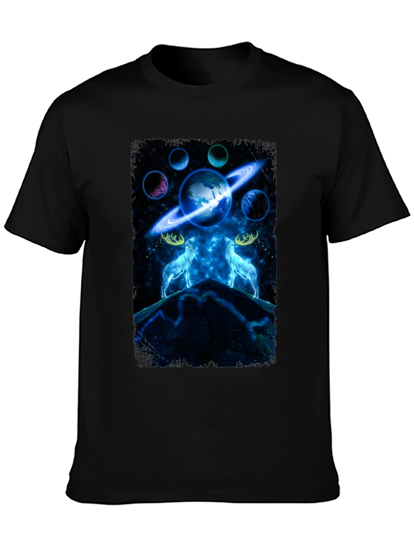 Cosmic Wolves Graphic Tee - Black Cotton