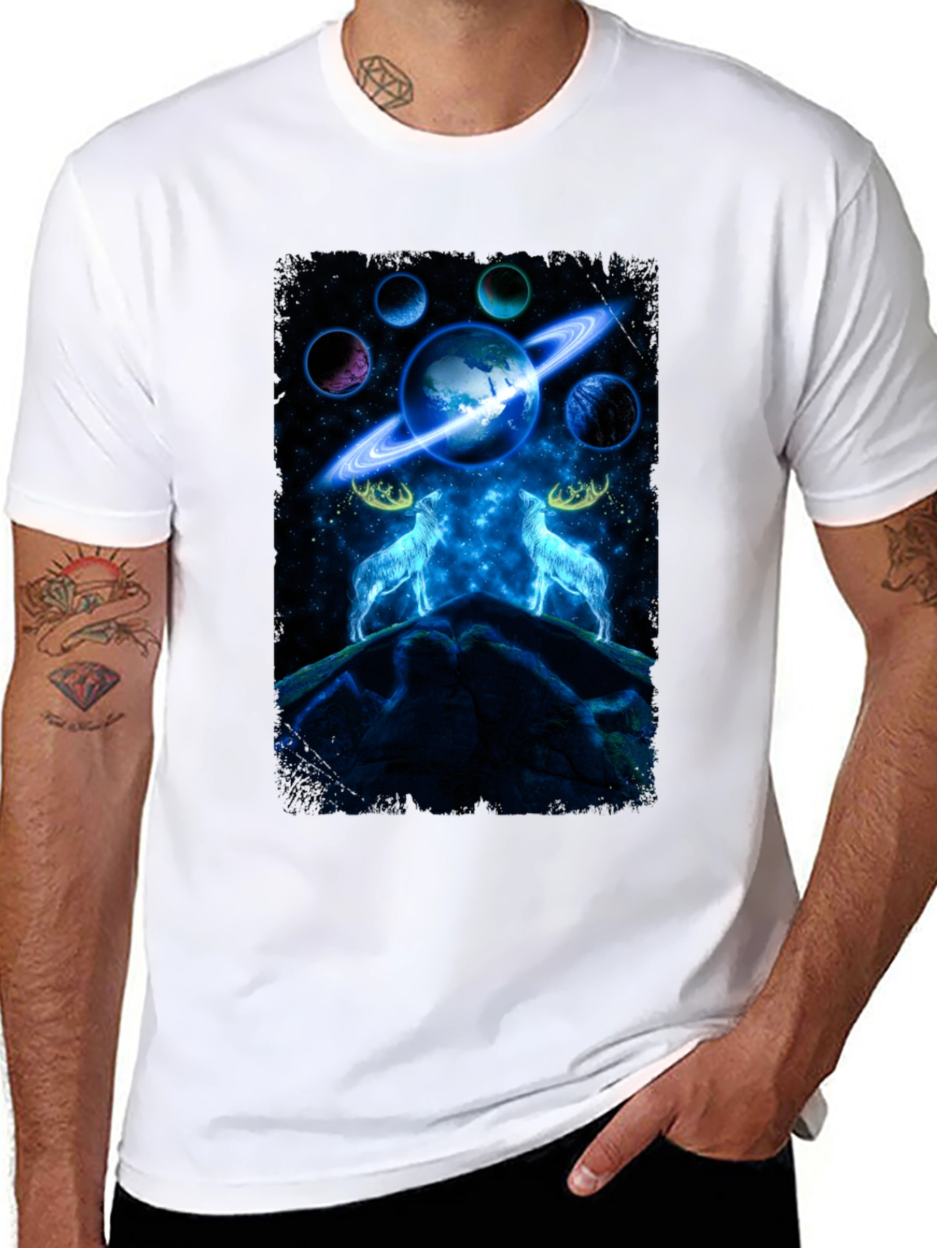 Cosmic Wolves Graphic Tee - Black Cotton