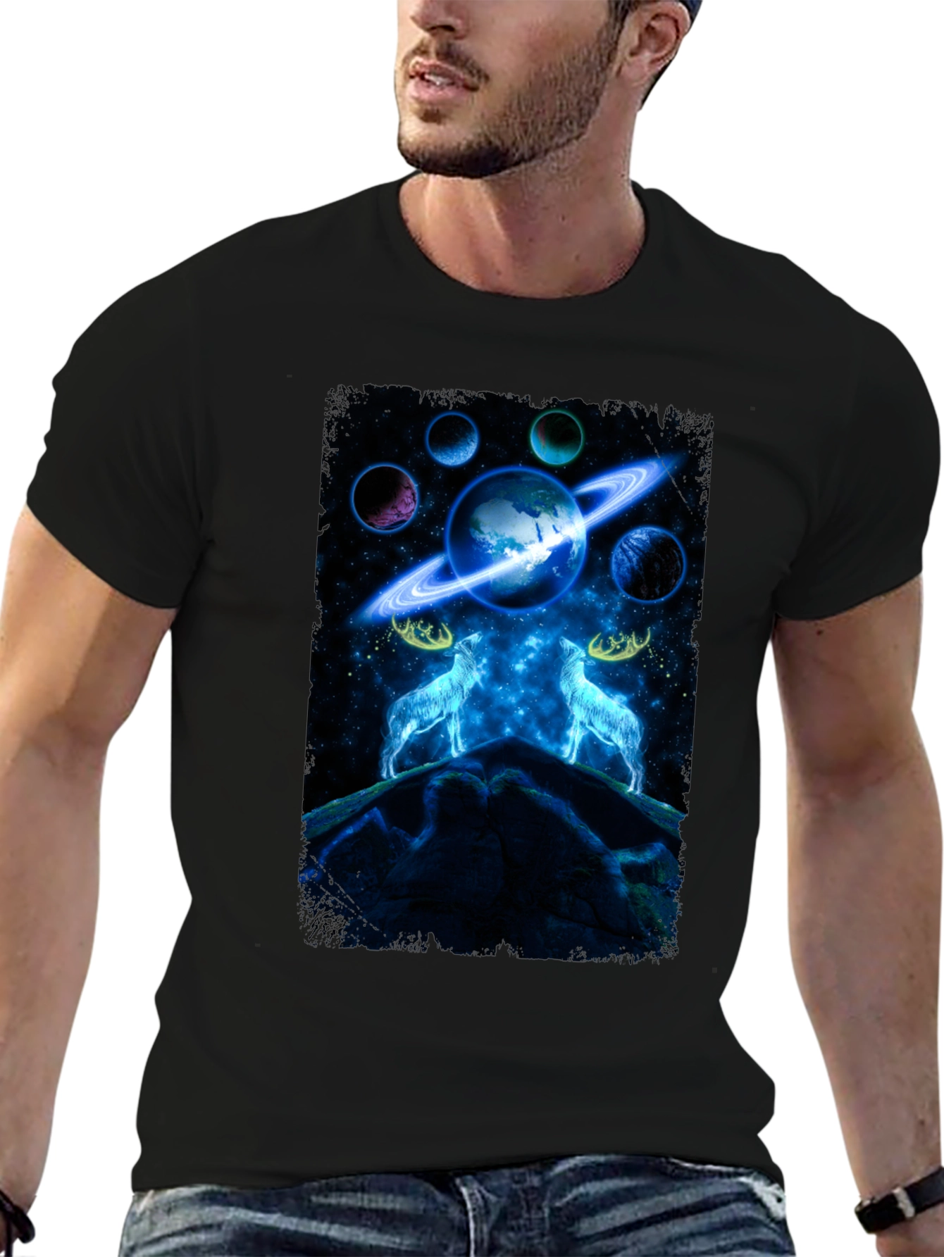 Cosmic Wolves Graphic Tee - Black Cotton
