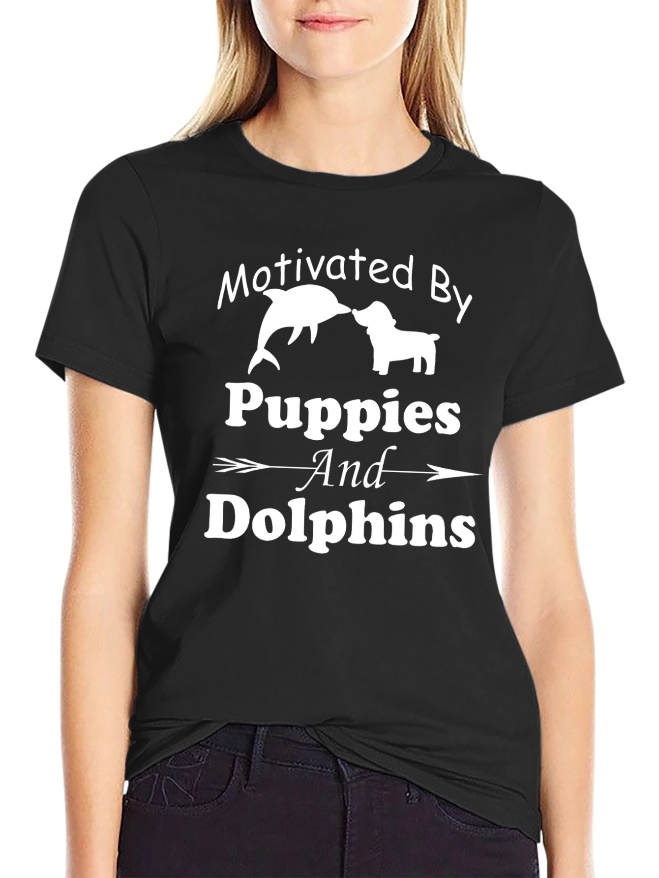 Motivated By Puppies and Dolphins Black T-Shirt