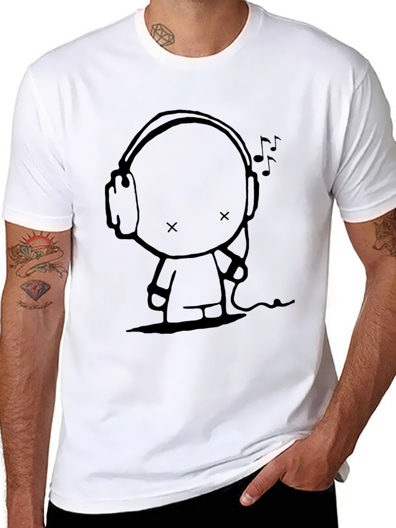 Cool Character with Headphones Graphic Tee - Black