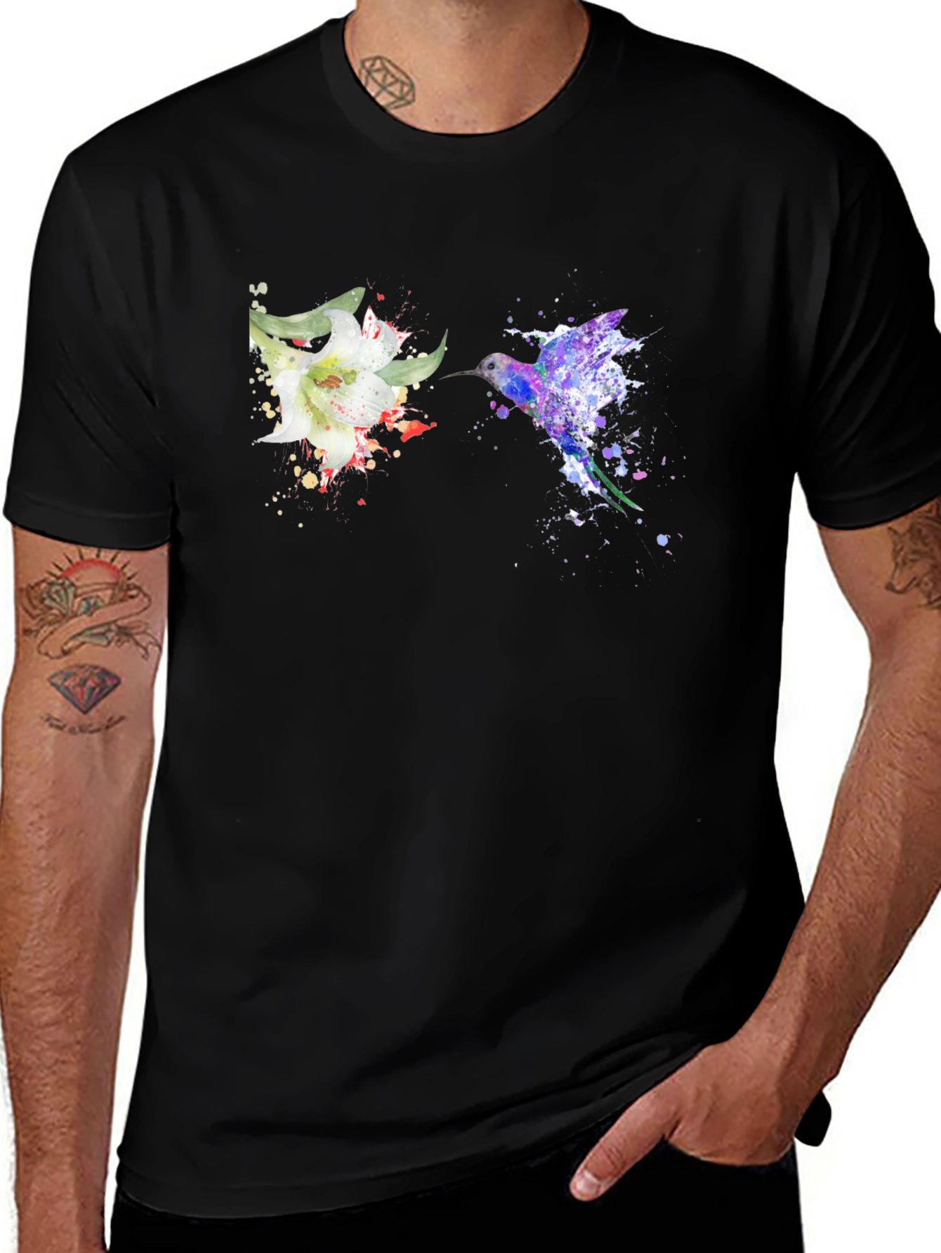 Hummingbird Flower Graphic Tee - Artsy Design
