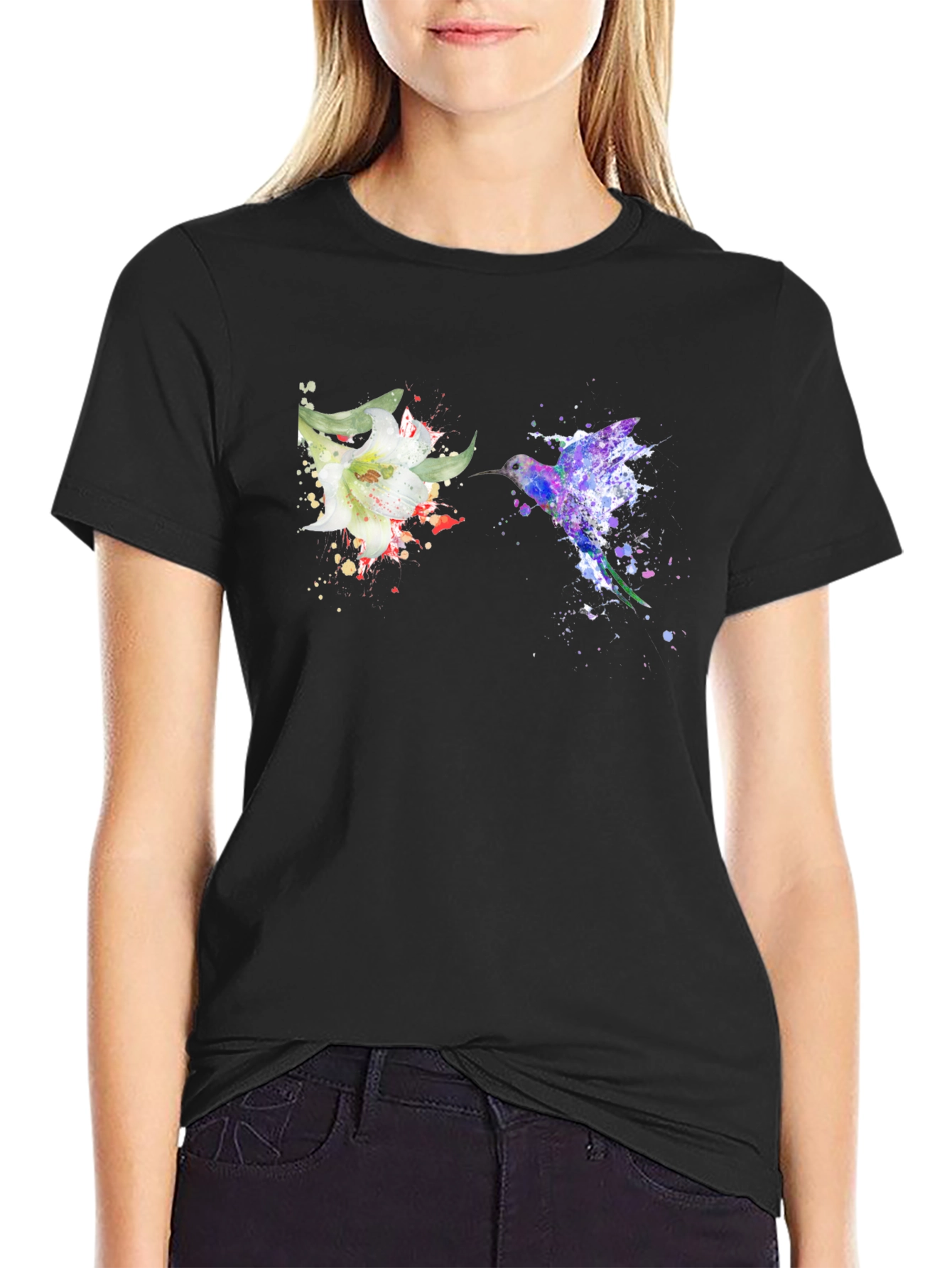 Hummingbird Flower Graphic Tee - Artsy Design