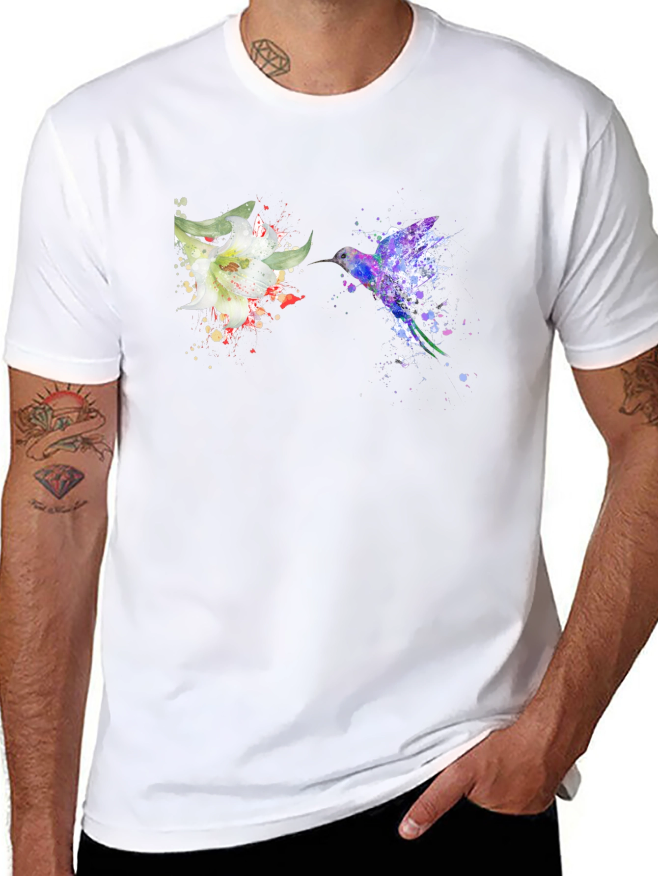 Hummingbird Flower Graphic Tee - Artsy Design