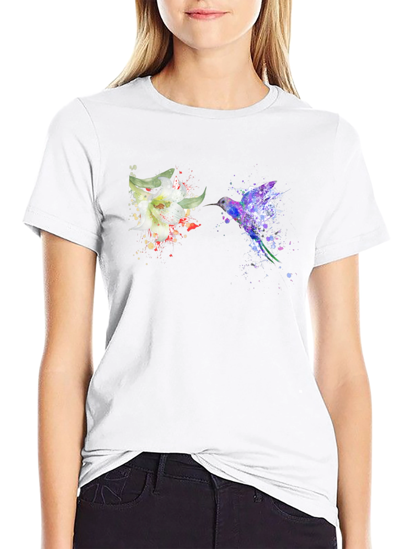 Hummingbird Flower Graphic Tee - Artsy Design