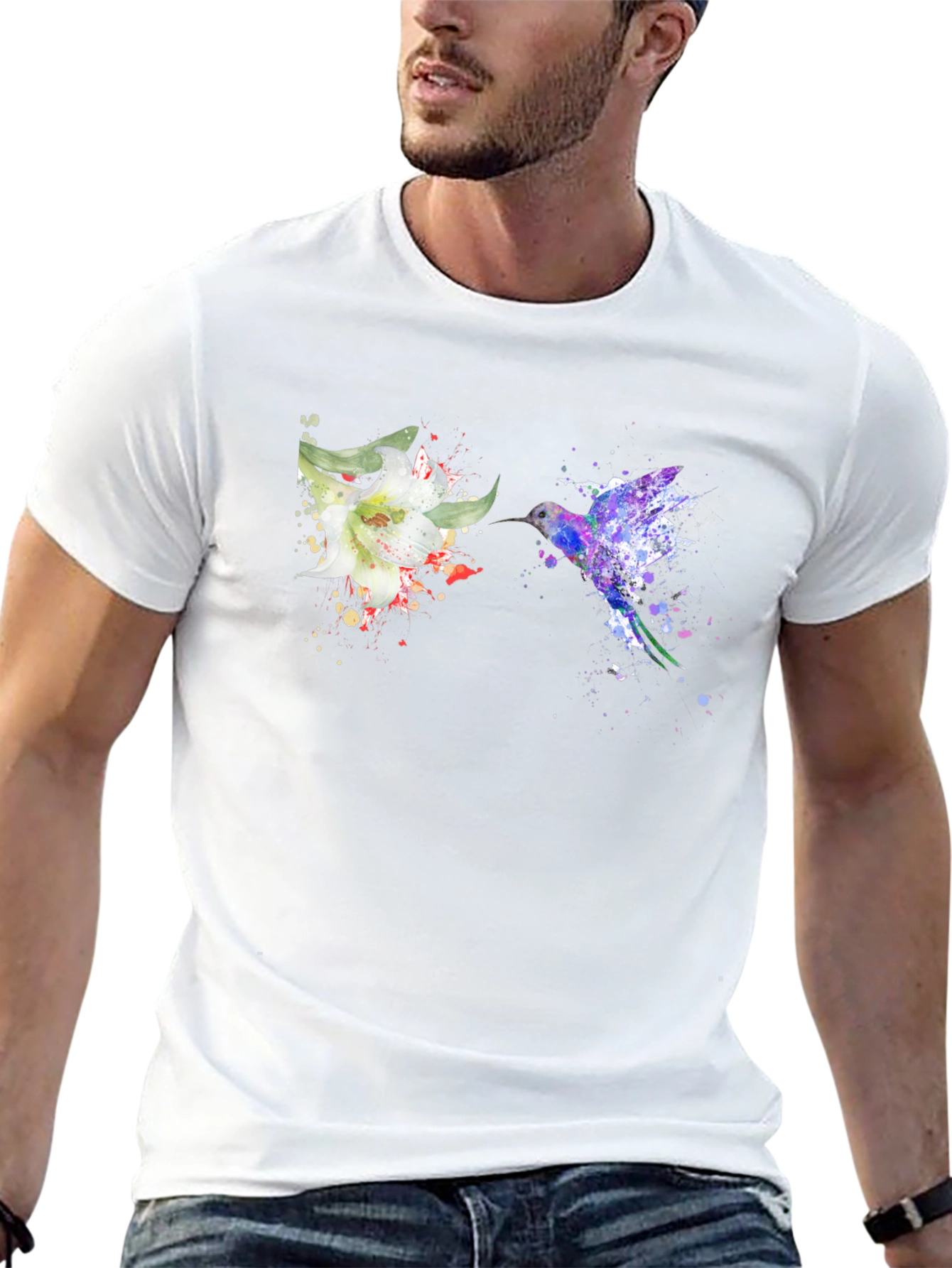 Hummingbird Flower Graphic Tee - Artsy Design