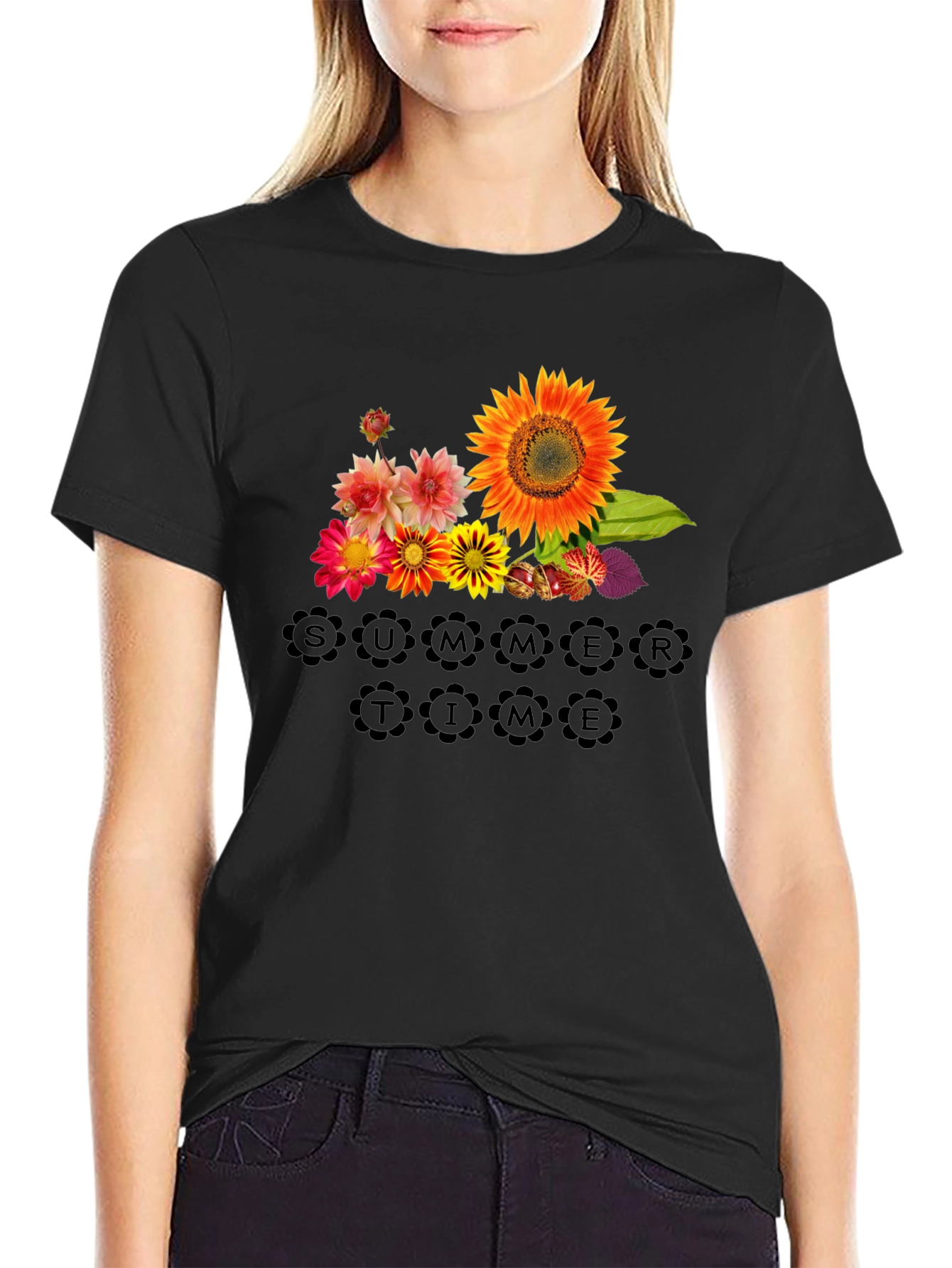 Floral Summertime Graphic Black T-Shirt