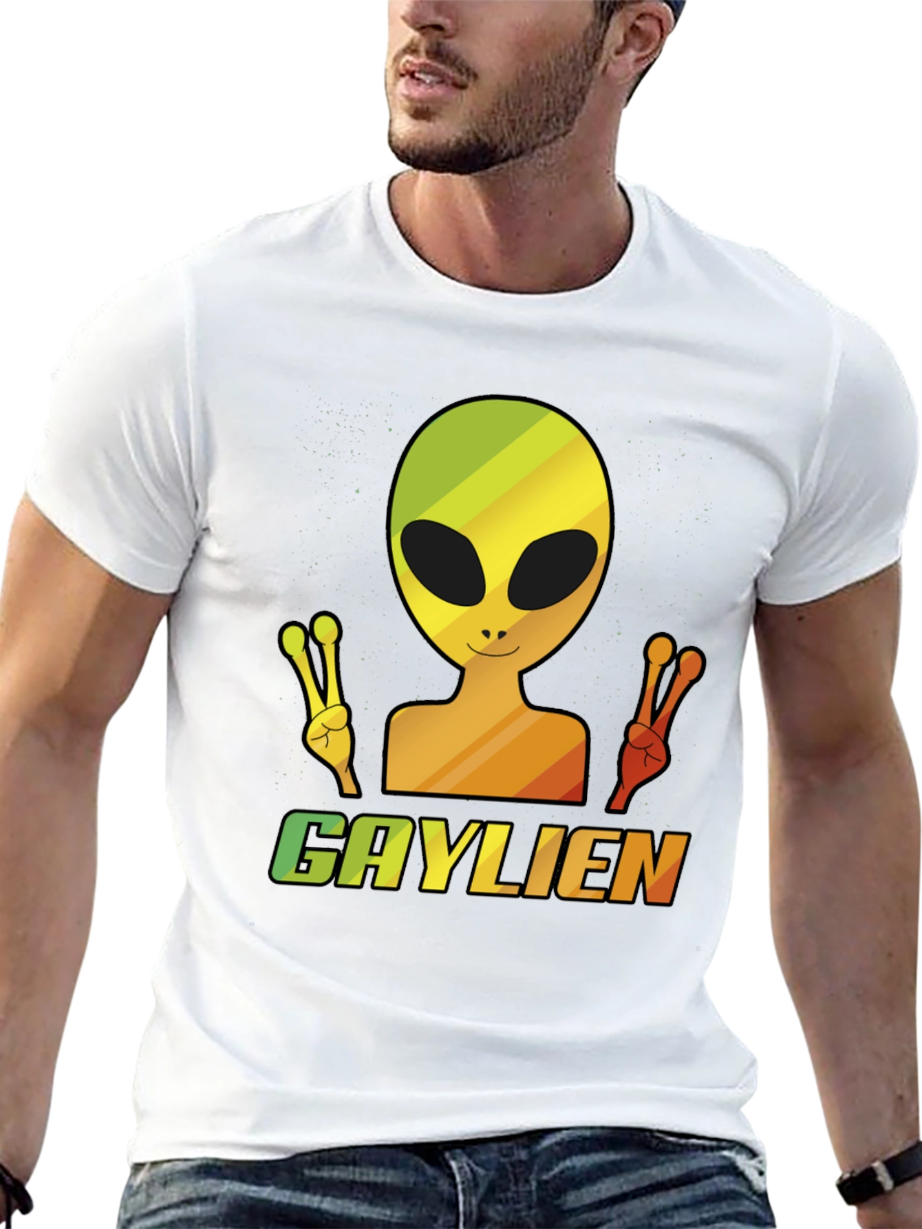 Gaylien T-Shirt - Rainbow Alien Peace Sign