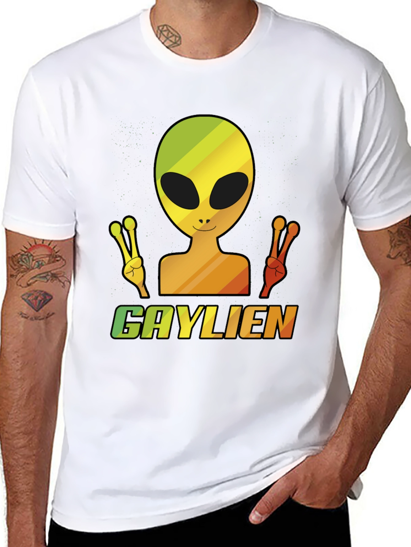 Gaylien T-Shirt - Rainbow Alien Peace Sign