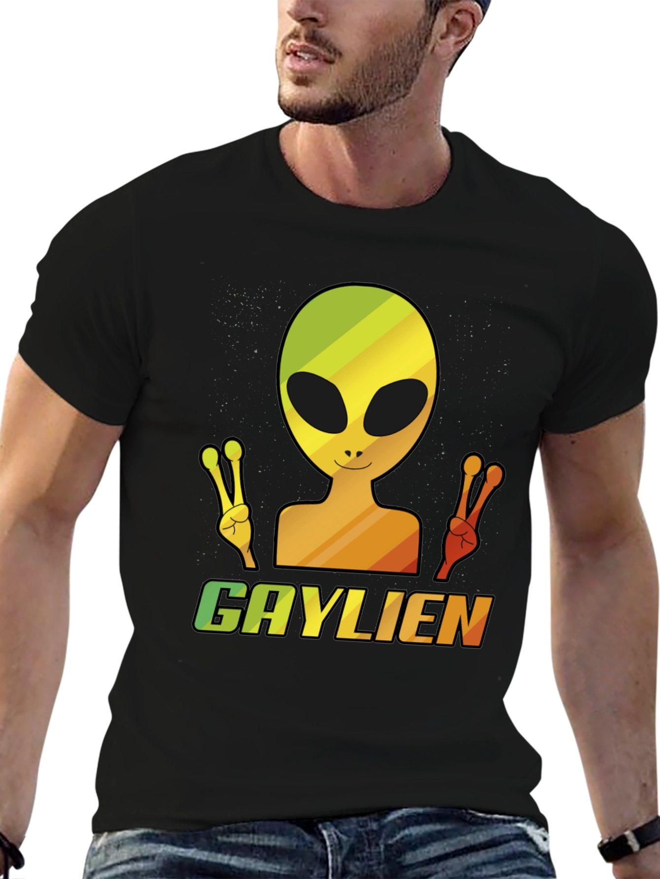Gaylien T-Shirt - Rainbow Alien Peace Sign