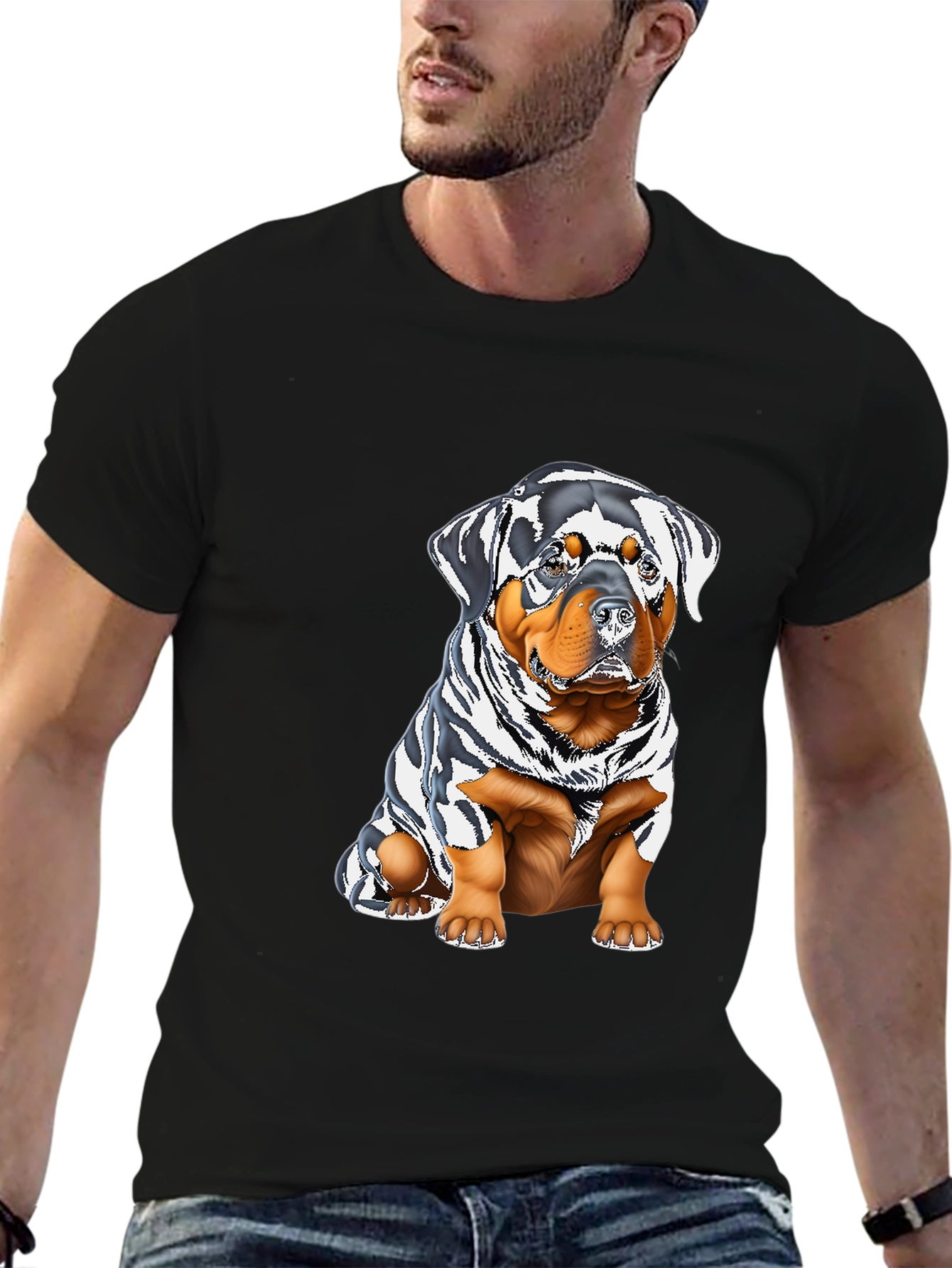 Rottweiler Puppy Graphic Tee - Black Cotton Blend
