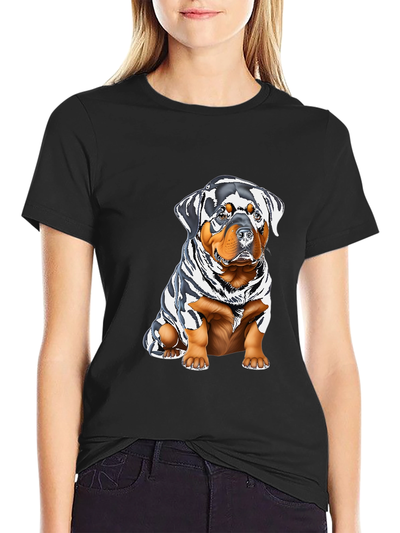 Rottweiler Puppy Graphic Tee - Black Cotton Blend