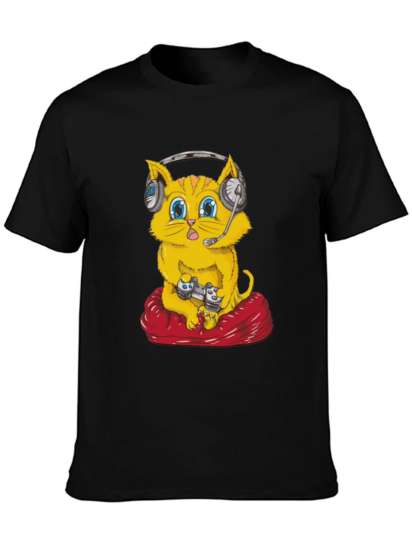 Gamer Cat T-Shirt - Gaming Headset Controller Red Cushion