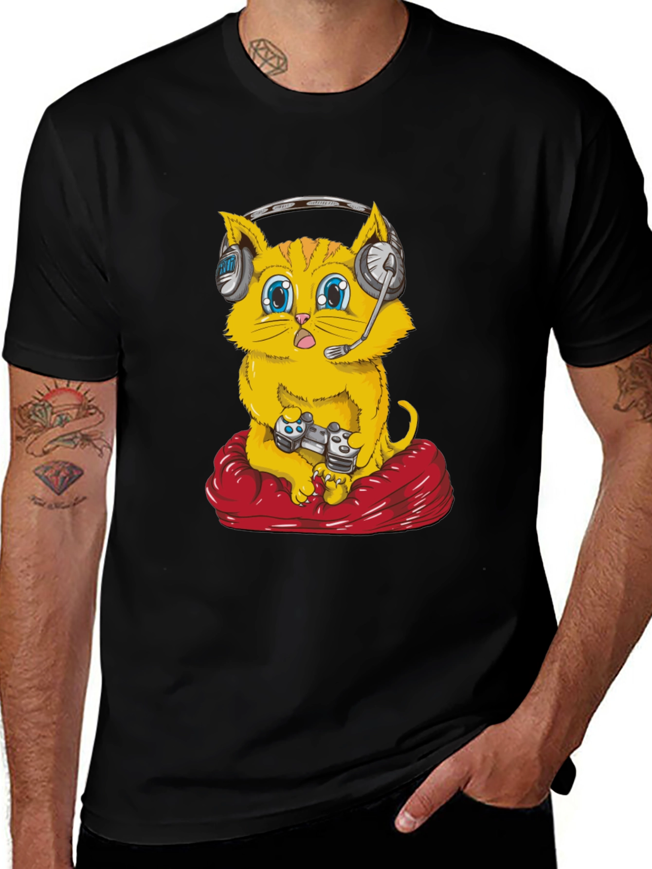 Gamer Cat T-Shirt - Gaming Headset Controller Red Cushion