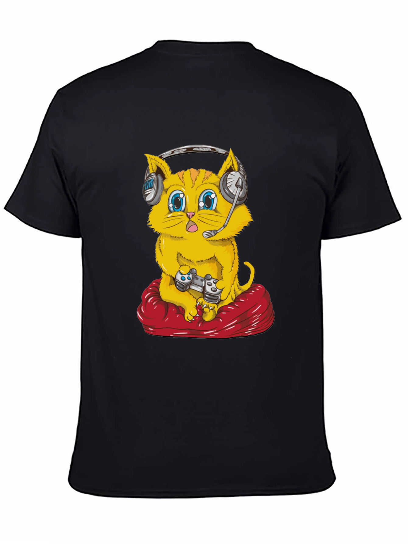 Gamer Cat T-Shirt - Gaming Headset Controller Red Cushion