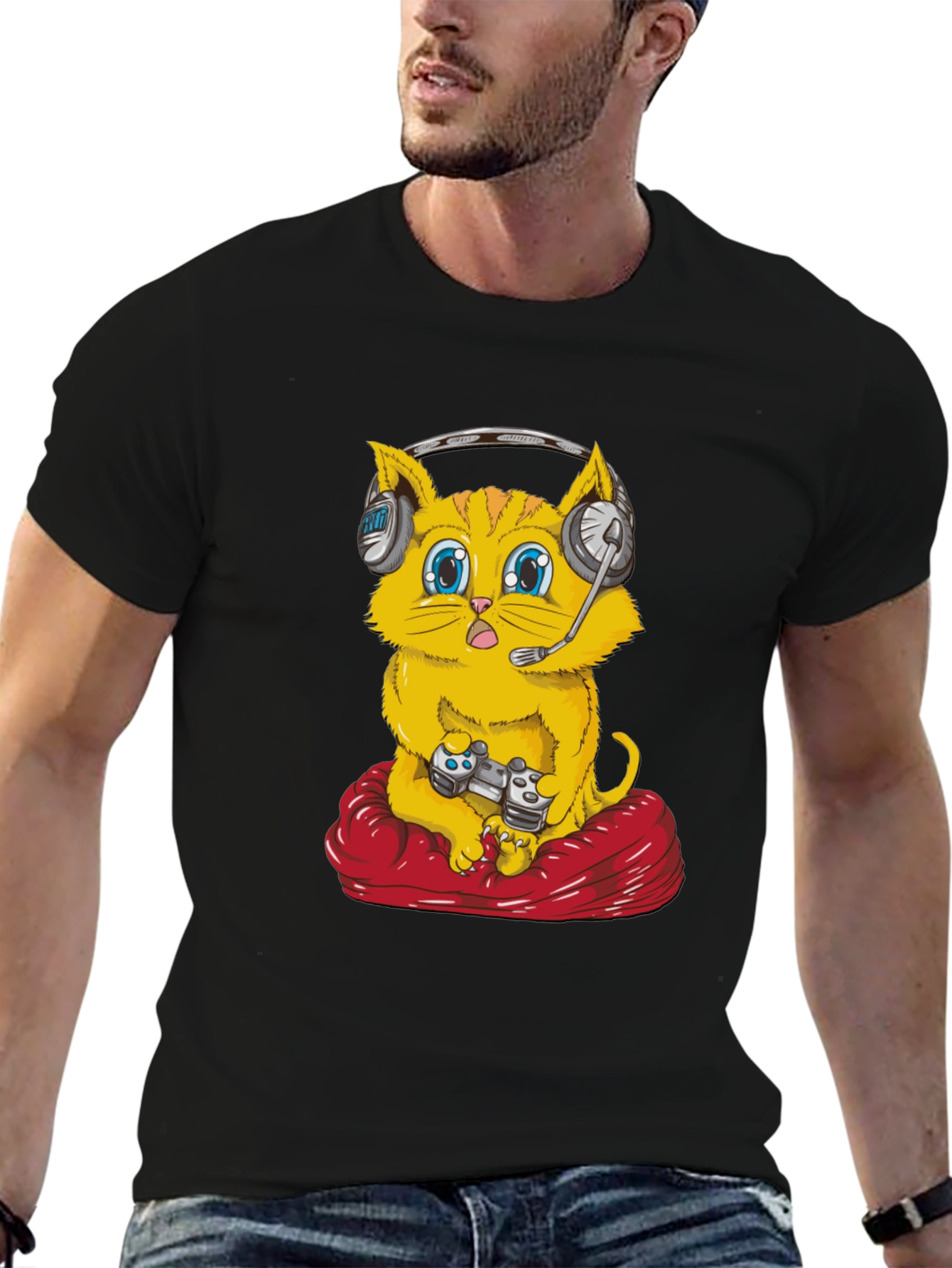 Gamer Cat T-Shirt - Gaming Headset Controller Red Cushion