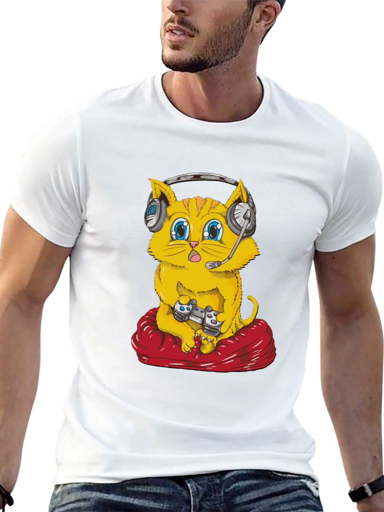 Gamer Cat T-Shirt - Gaming Headset Controller Red Cushion