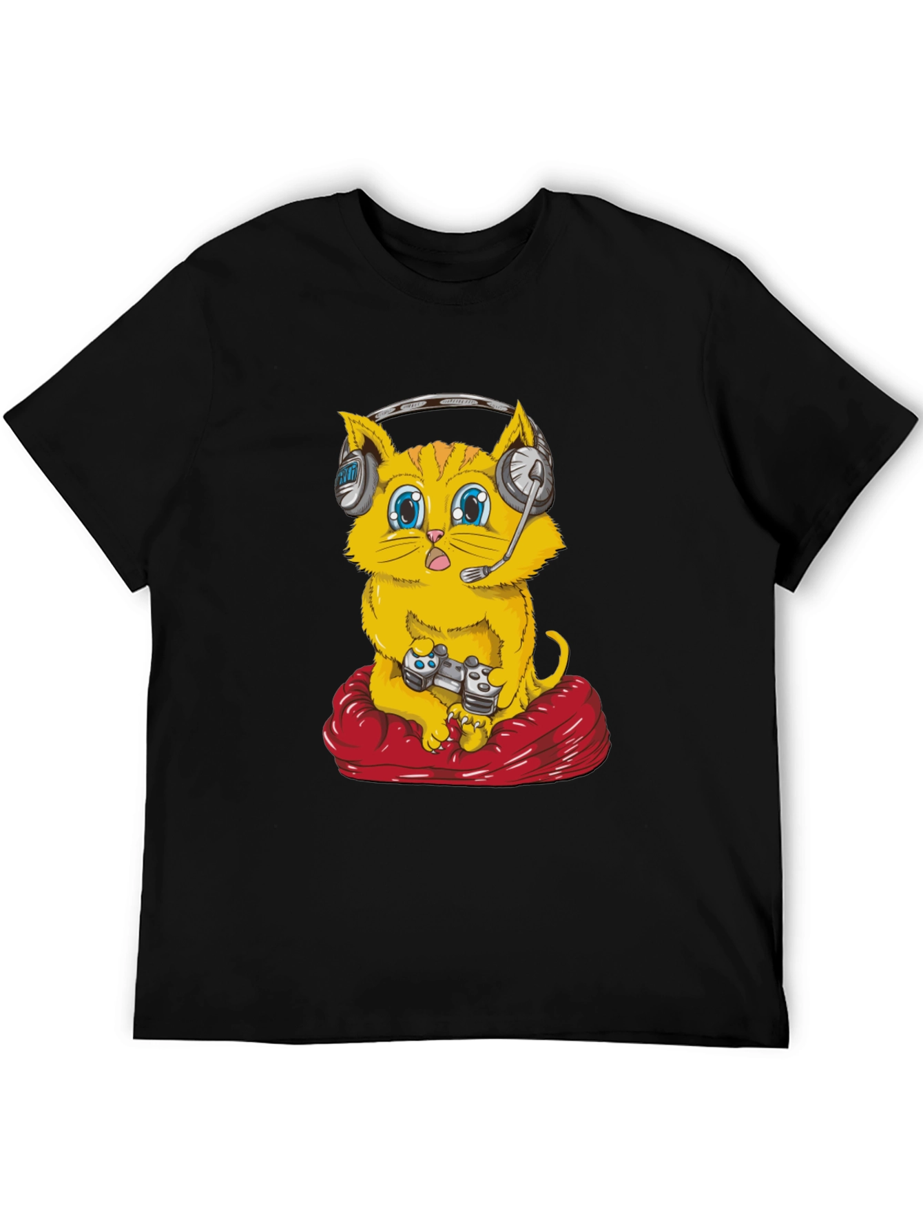 Gamer Cat T-Shirt - Gaming Headset Controller Red Cushion