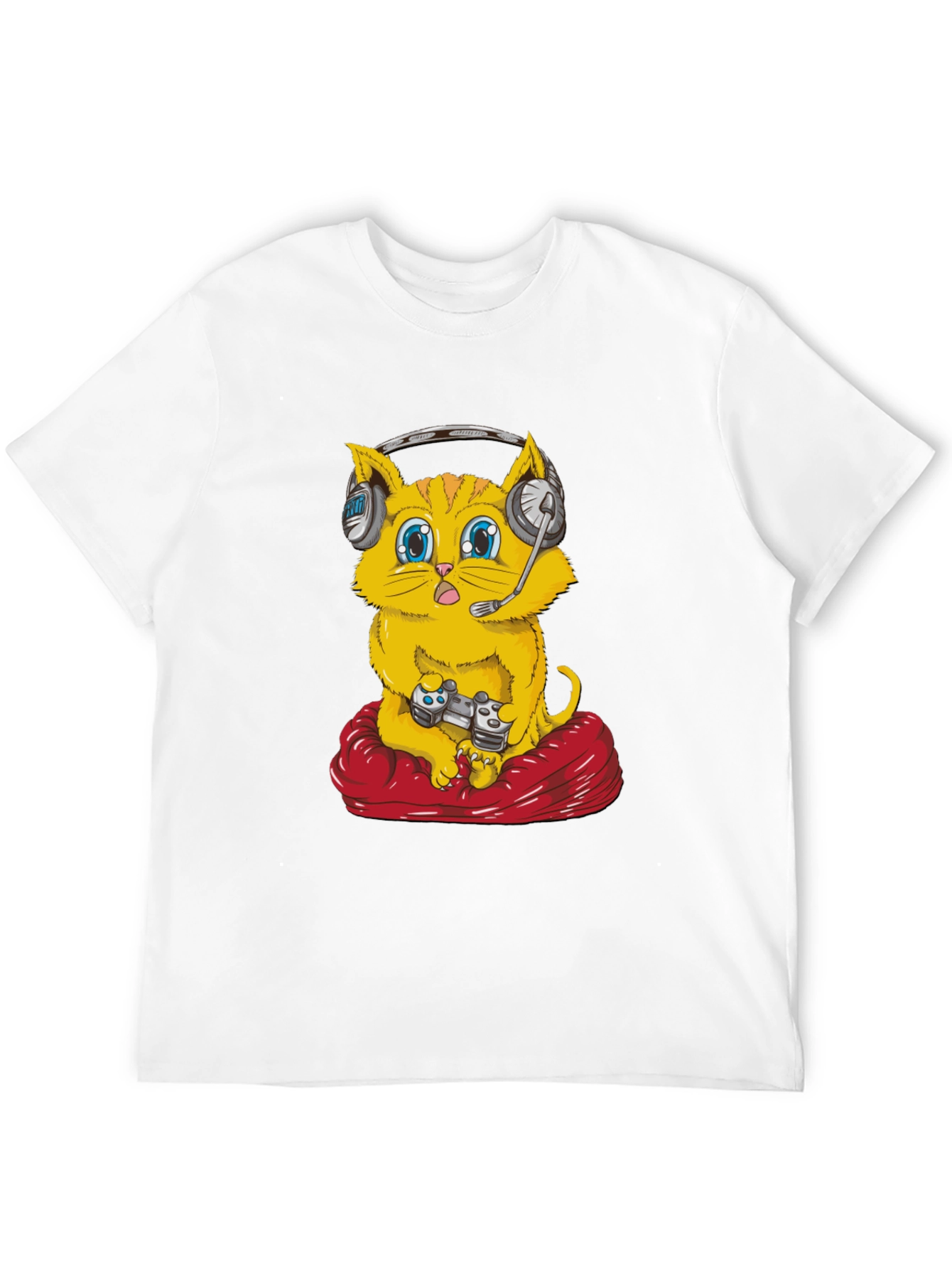 Gamer Cat T-Shirt - Gaming Headset Controller Red Cushion