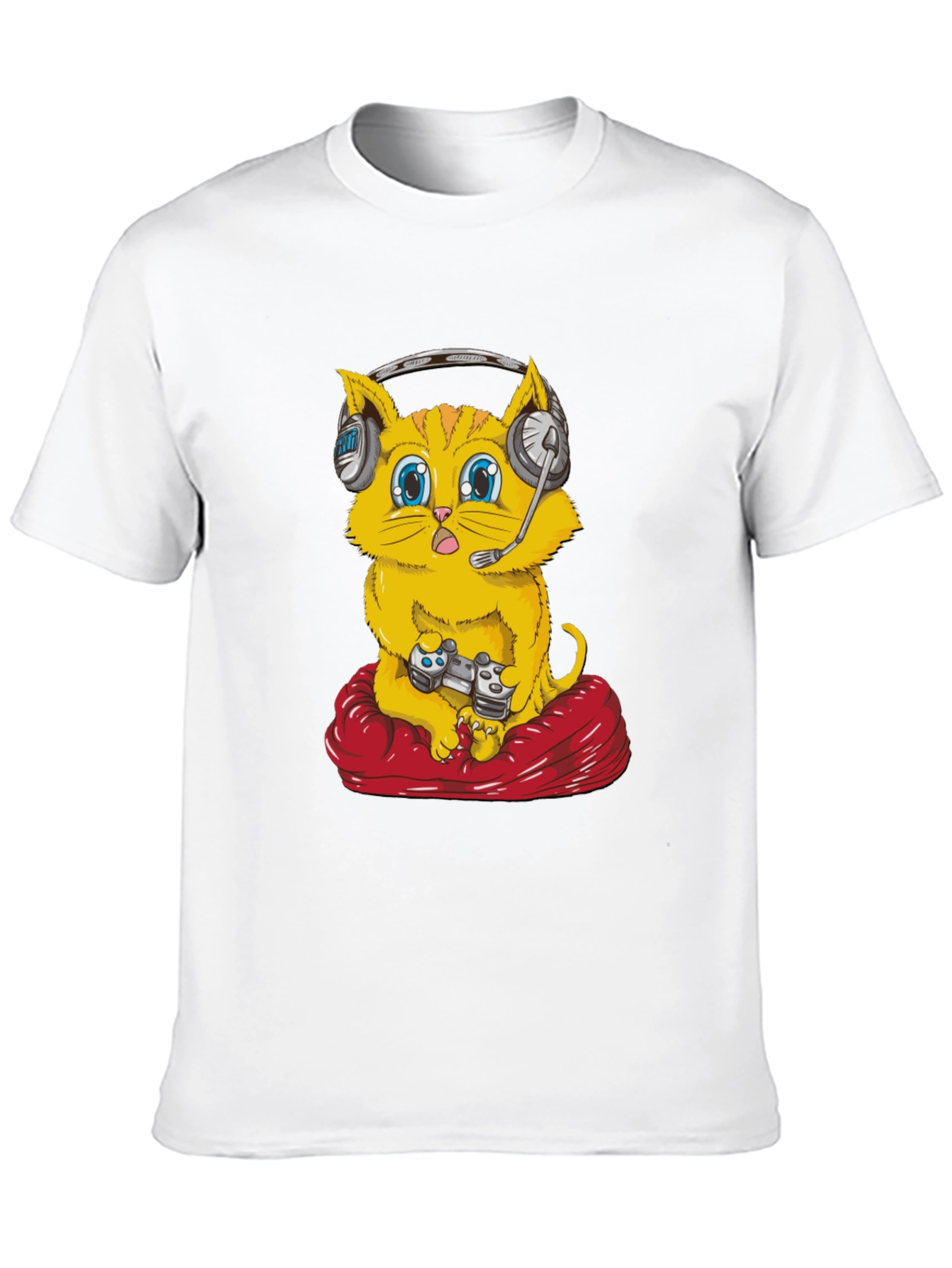Gamer Cat T-Shirt - Gaming Headset Controller Red Cushion