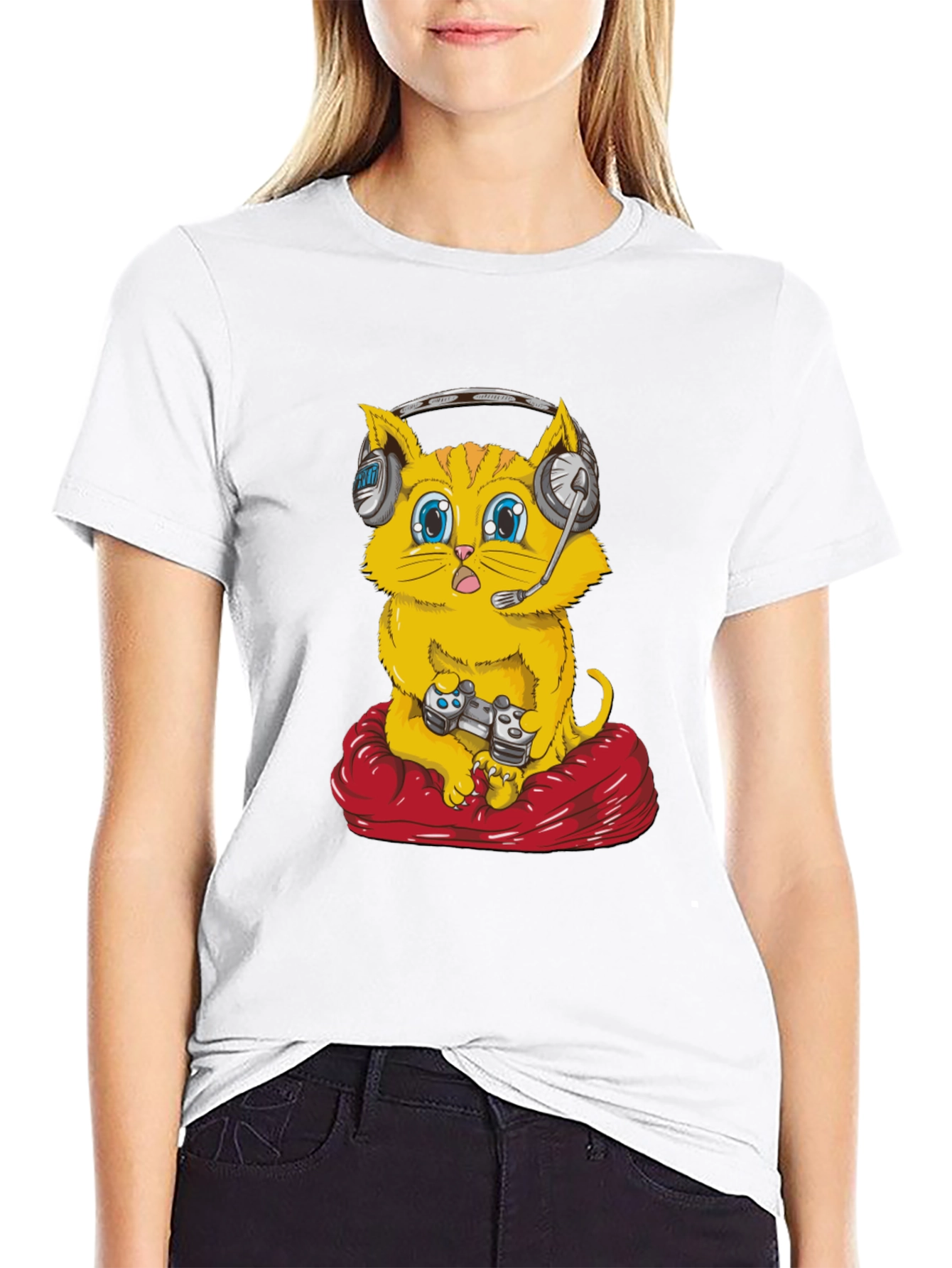 Gamer Cat T-Shirt - Gaming Headset Controller Red Cushion