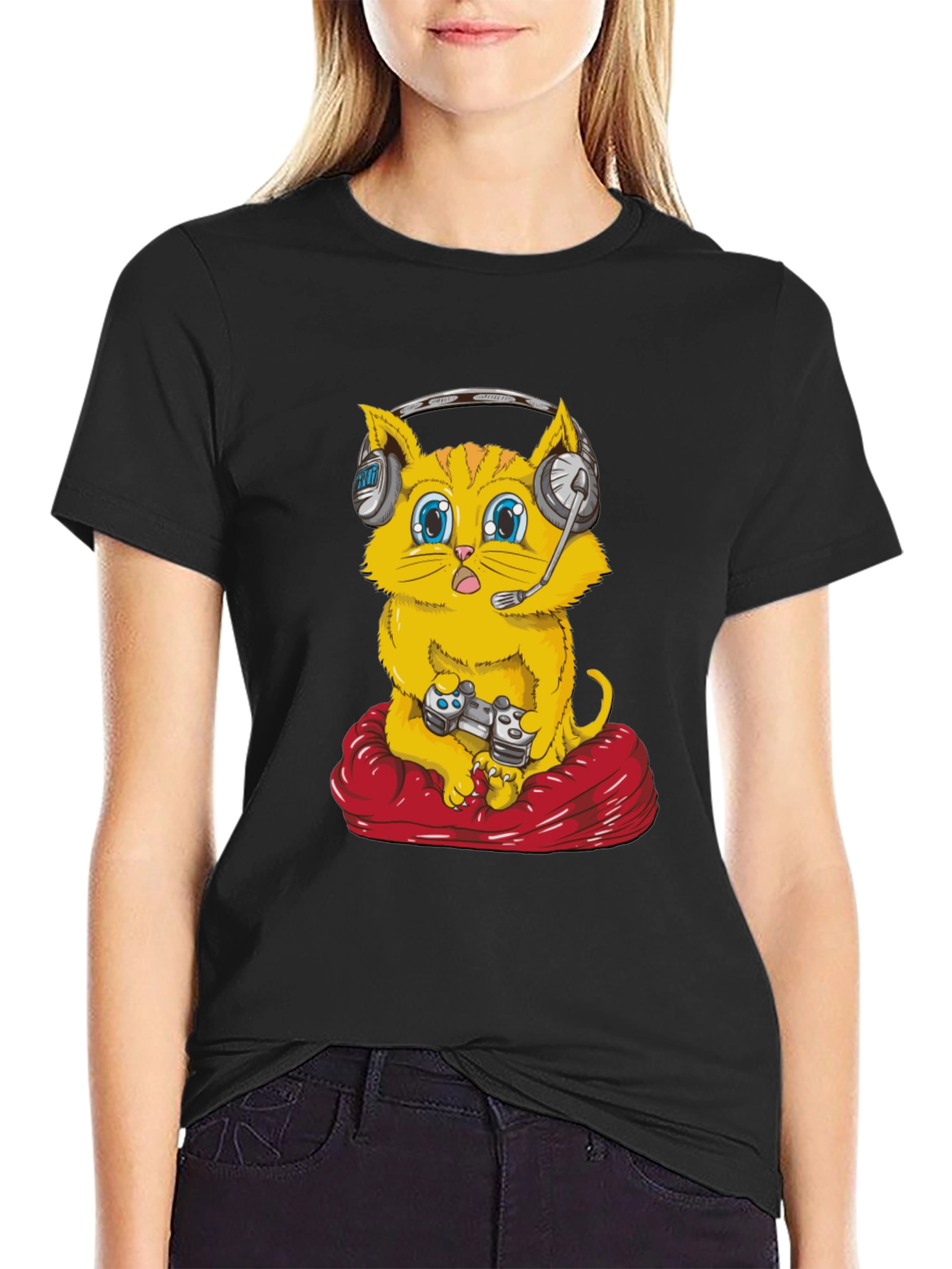 Gamer Cat T-Shirt - Gaming Headset Controller Red Cushion