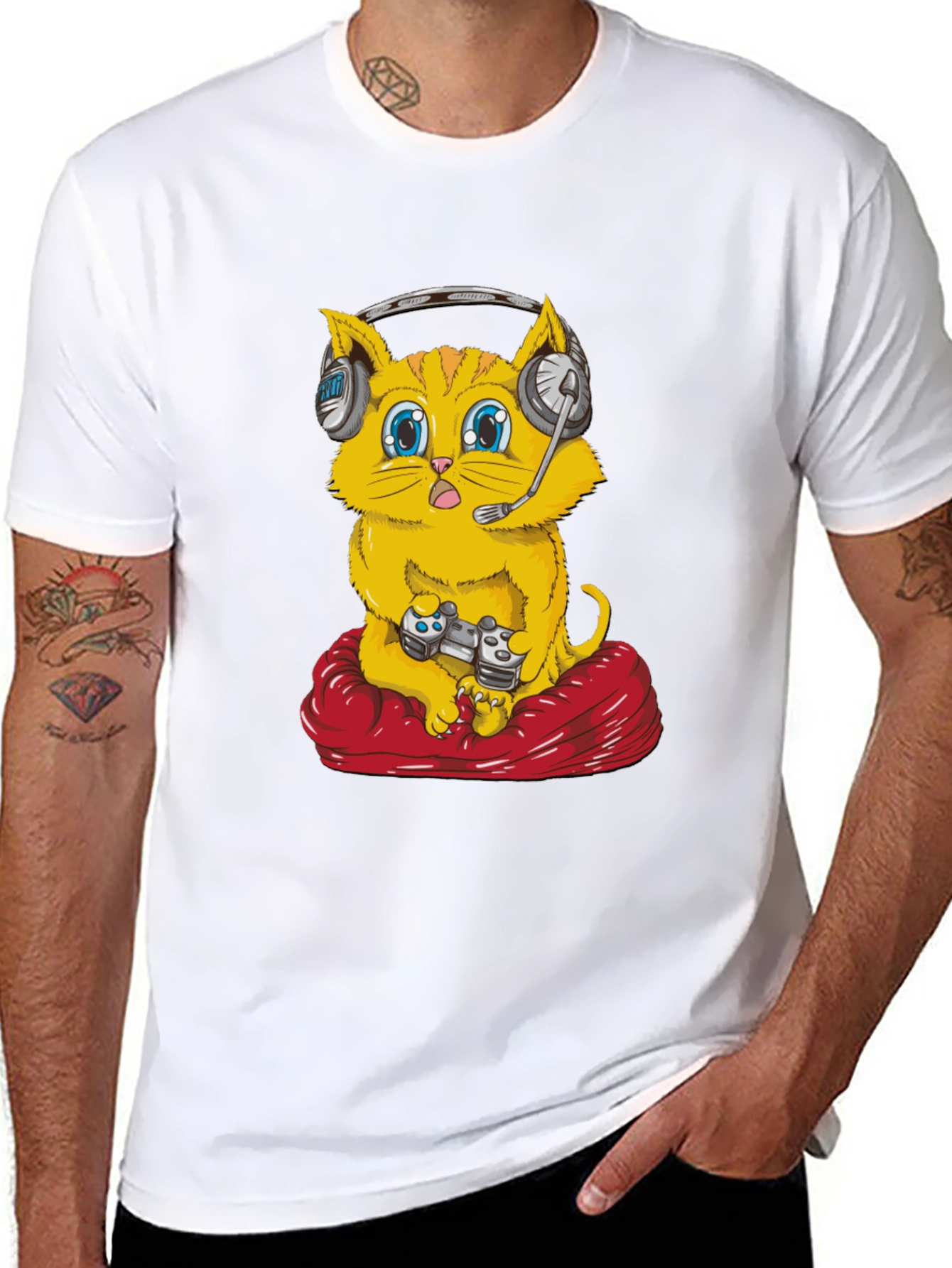 Gamer Cat T-Shirt - Gaming Headset Controller Red Cushion