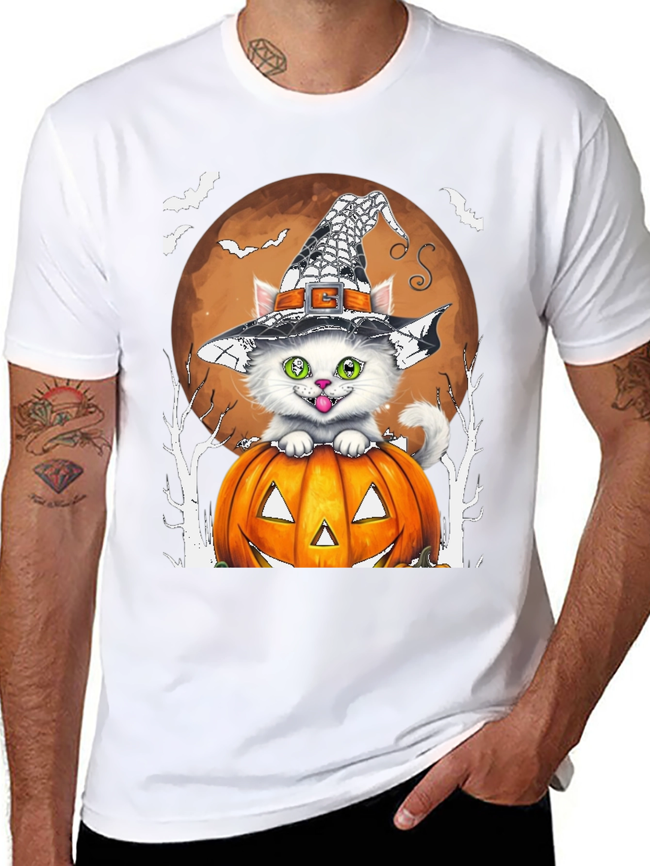Halloween Cat T-Shirt - Witch Hat & Pumpkin