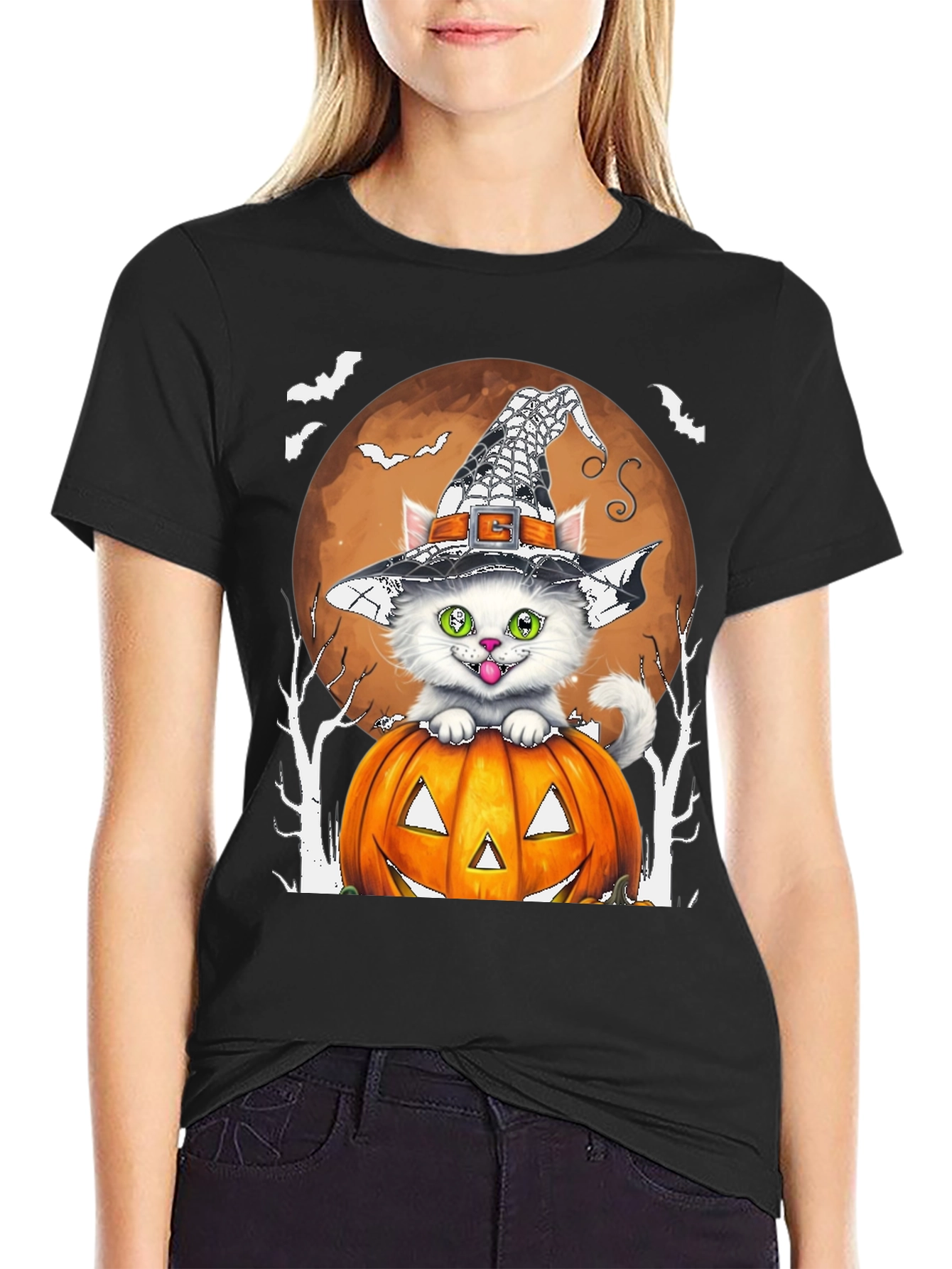 Halloween Cat T-Shirt - Witch Hat & Pumpkin