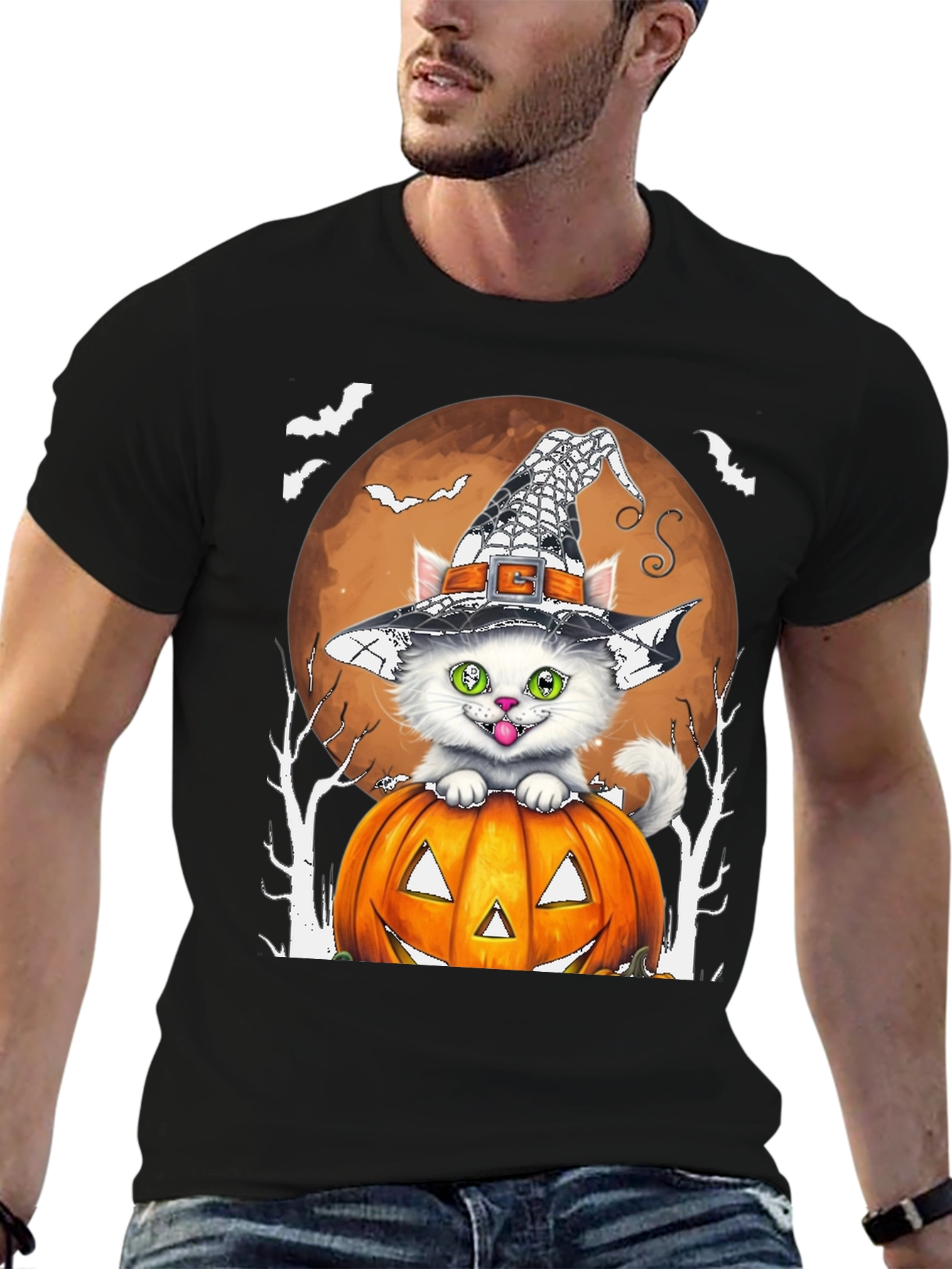 Halloween Cat T-Shirt - Witch Hat & Pumpkin
