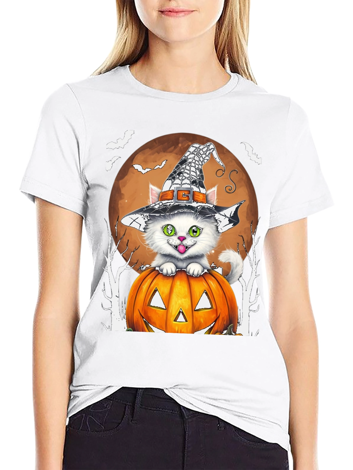 Halloween Cat T-Shirt - Witch Hat & Pumpkin
