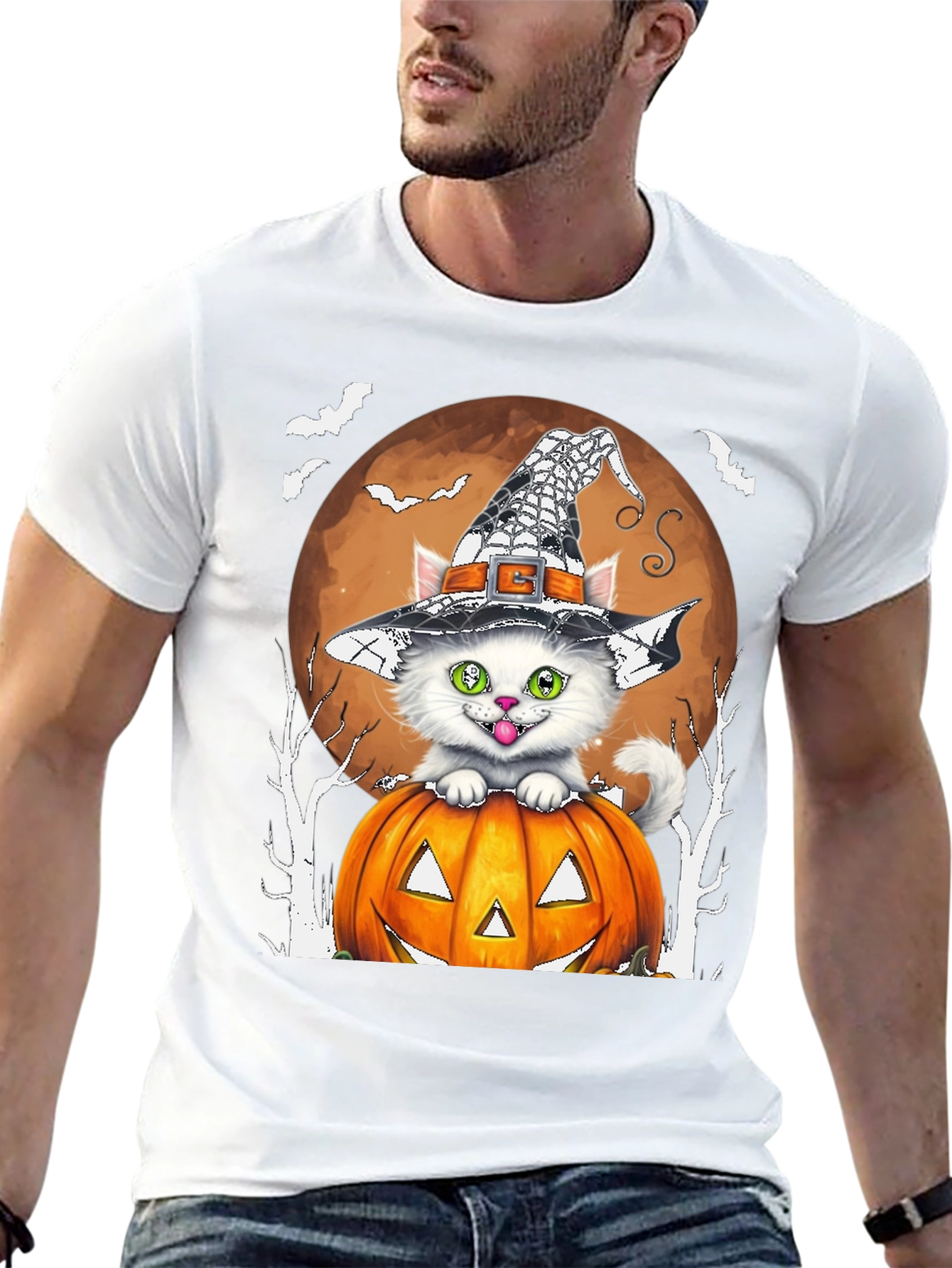 Halloween Cat T-Shirt - Witch Hat & Pumpkin